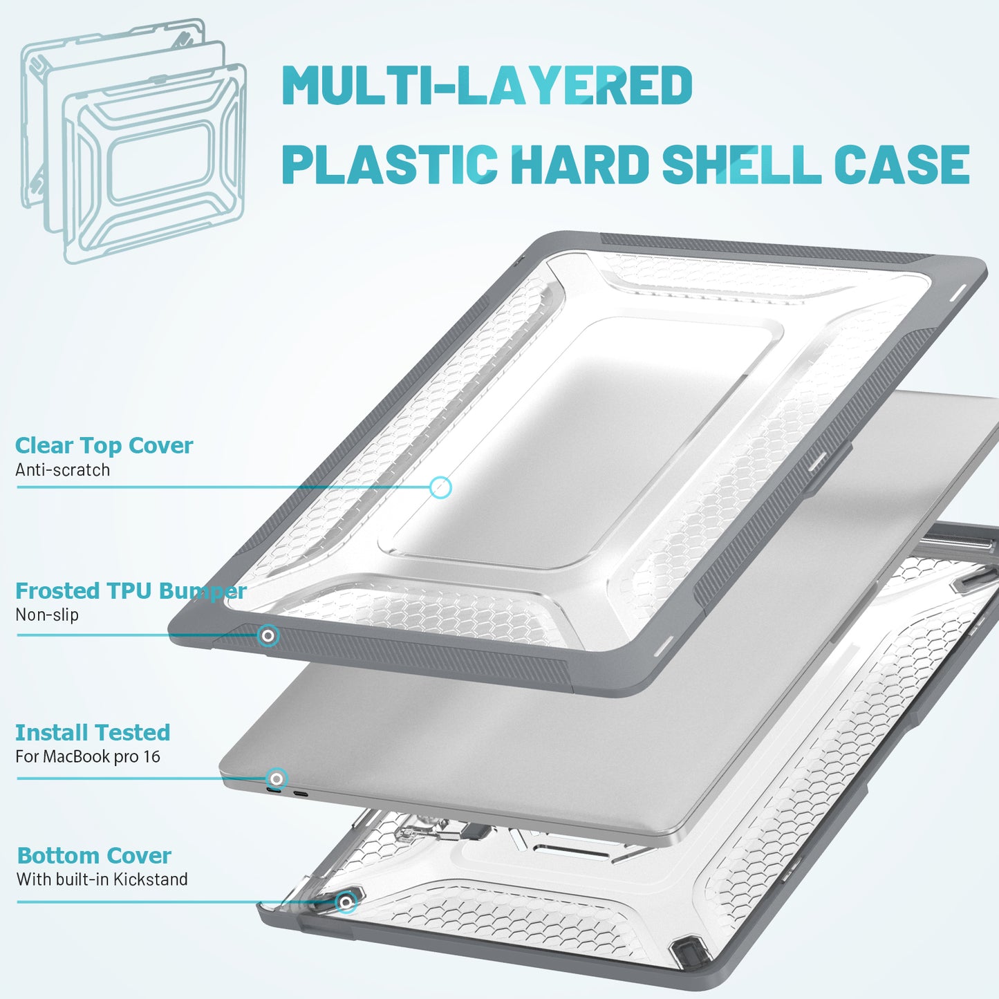 For MacBook Pro 16 inch (2019) A2141 Laptop Cover Dual Layer Hard PC Soft TPU Shell Case with Kickstand - Grey