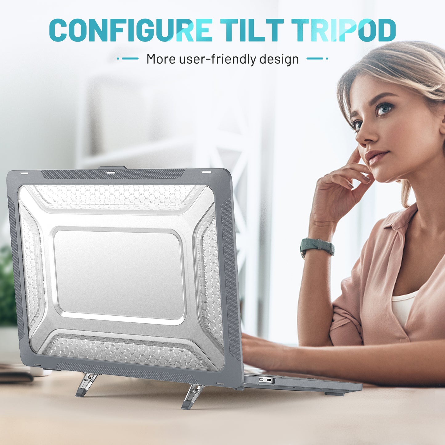 For MacBook Pro 16 inch (2019) A2141 Laptop Cover Dual Layer Hard PC Soft TPU Shell Case with Kickstand - Grey