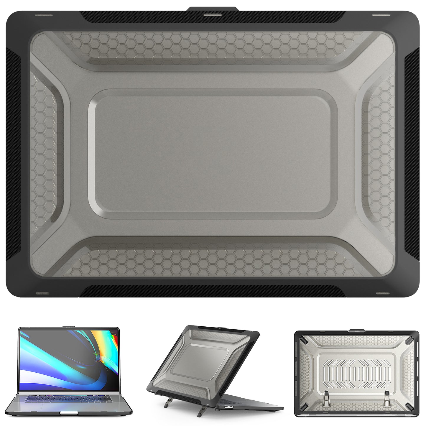 For MacBook Pro 16 inch (2019) A2141 Laptop Cover Dual Layer Hard PC Soft TPU Shell Case with Kickstand - Black