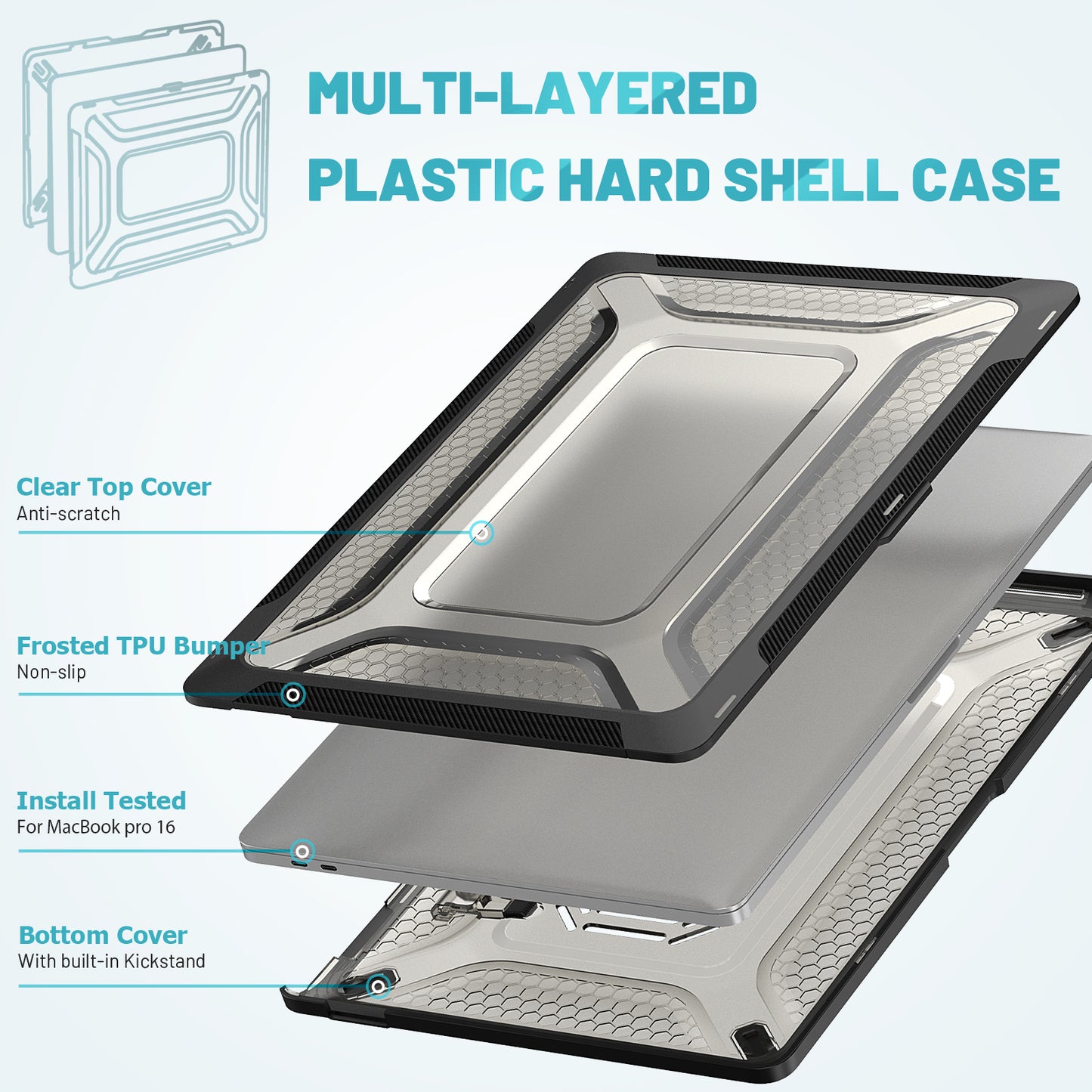 For MacBook Pro 16 inch (2019) A2141 Laptop Cover Dual Layer Hard PC Soft TPU Shell Case with Kickstand - Black