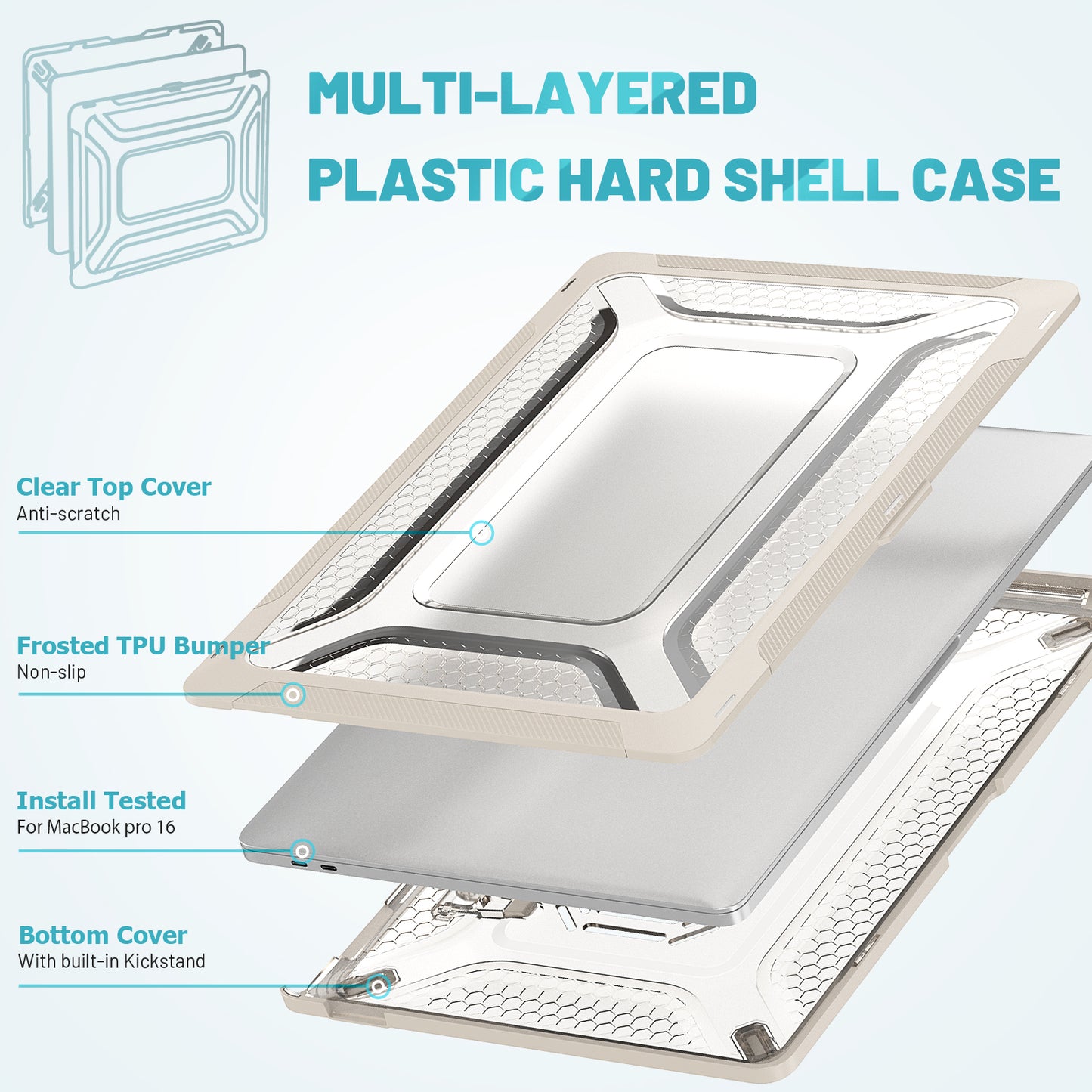 For MacBook Pro 16 inch (2019) A2141 Laptop Cover Dual Layer Hard PC Soft TPU Shell Case with Kickstand - Apricot