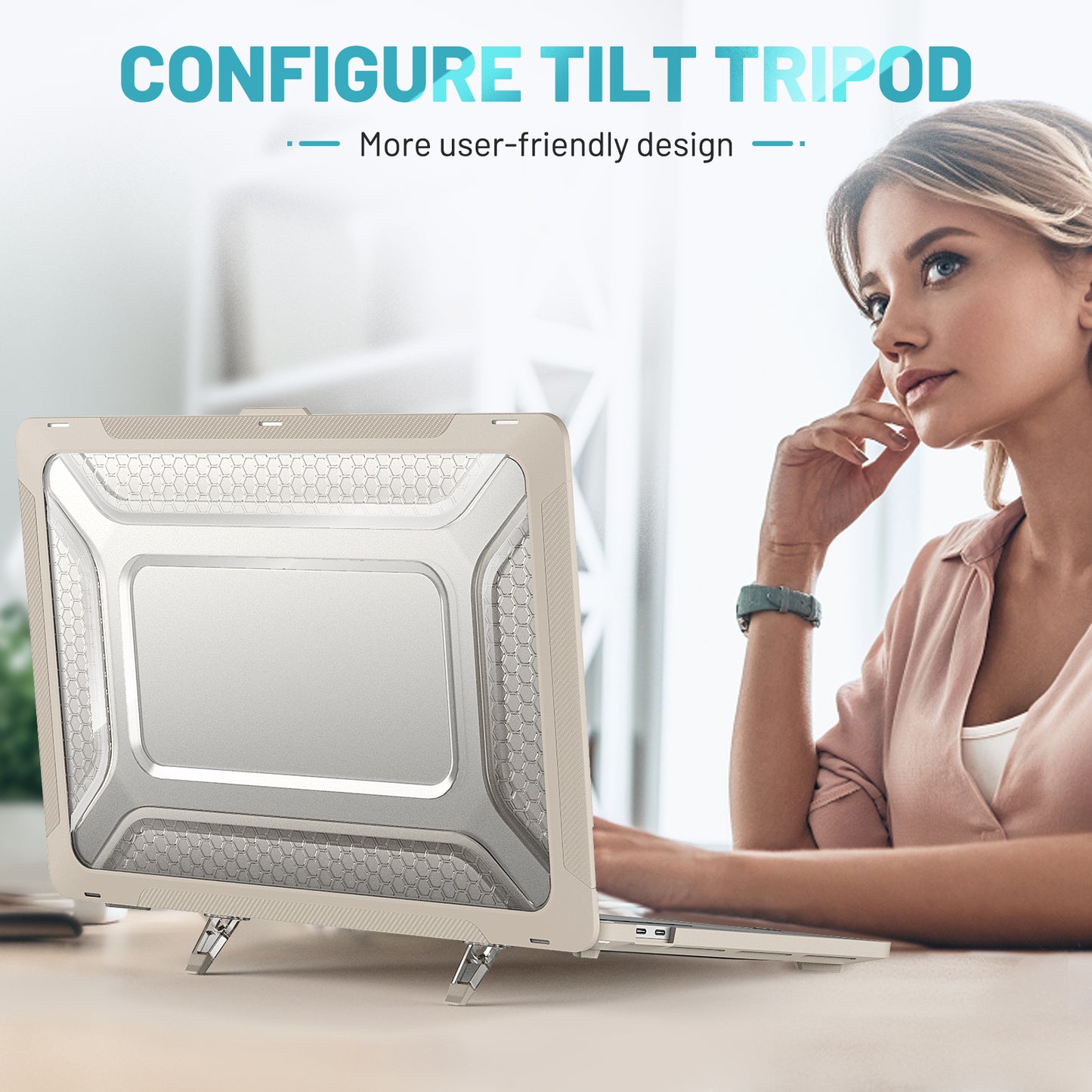 For MacBook Pro 16 inch (2019) A2141 Laptop Cover Dual Layer Hard PC Soft TPU Shell Case with Kickstand - Apricot