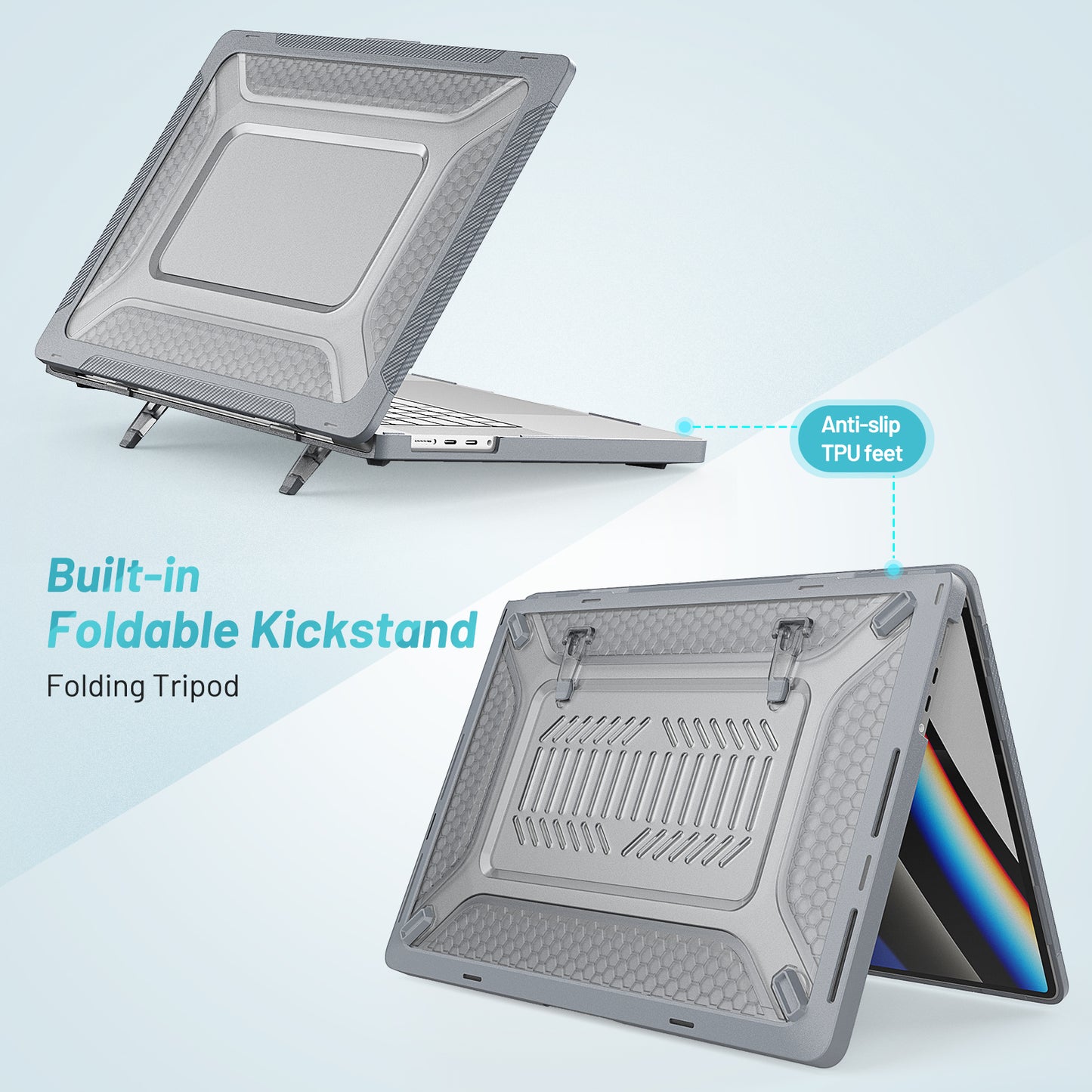 For MacBook Pro 16 inch (2021) A2485 M1 Pro / M1 Max Kickstand Shockproof Laptop Case Hard PC Soft TPU Protective Cover - Grey