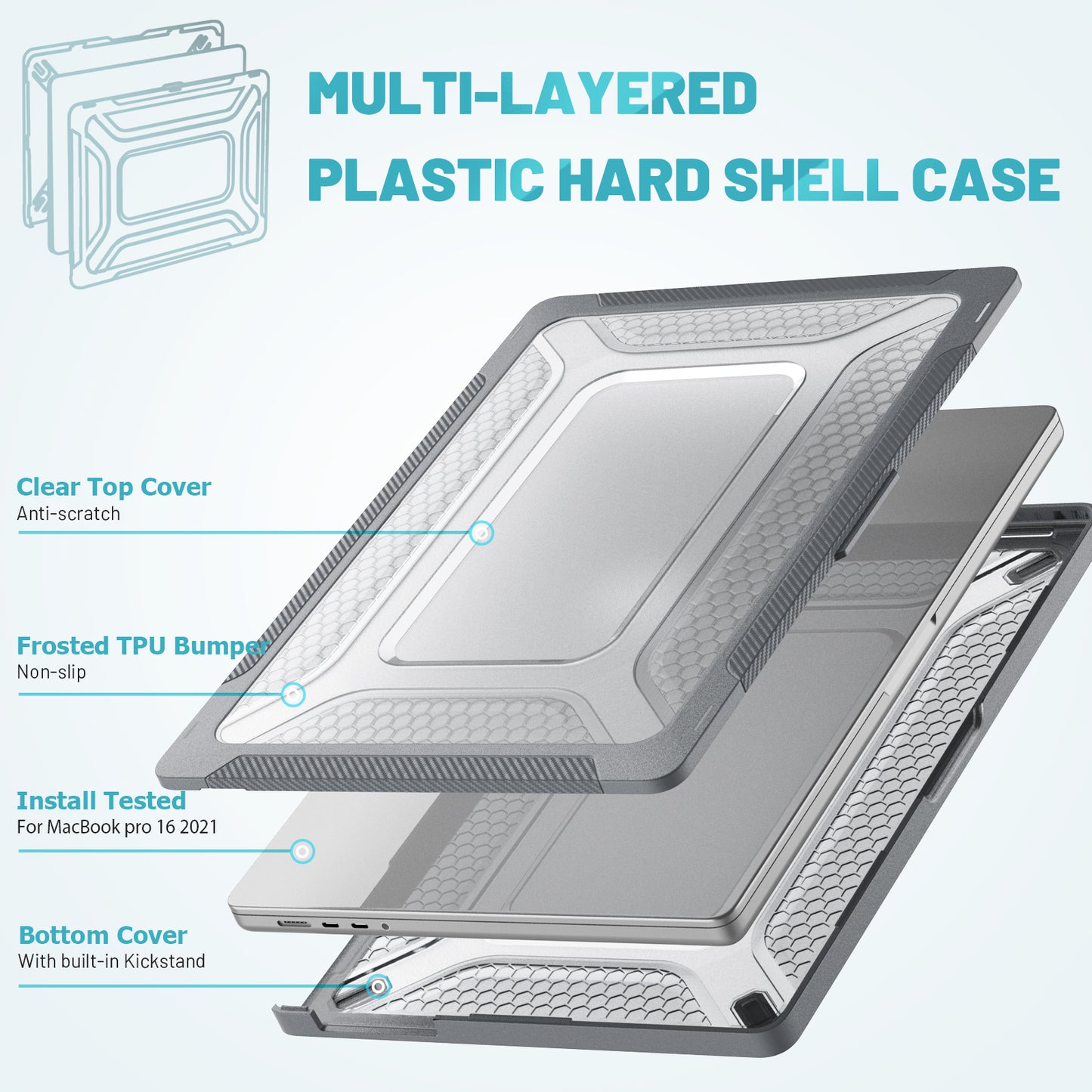 For MacBook Pro 16 inch (2021) A2485 M1 Pro / M1 Max Kickstand Shockproof Laptop Case Hard PC Soft TPU Protective Cover - Grey