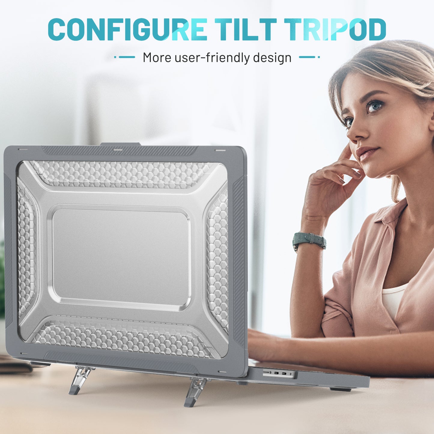 For MacBook Pro 16 inch (2021) A2485 M1 Pro / M1 Max Kickstand Shockproof Laptop Case Hard PC Soft TPU Protective Cover - Grey