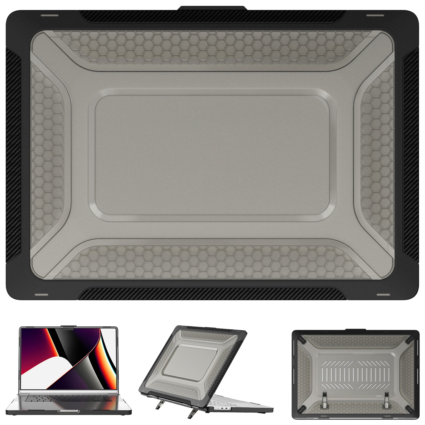 For MacBook Pro 16 inch (2021) A2485 M1 Pro / M1 Max Kickstand Shockproof Laptop Case Hard PC Soft TPU Protective Cover - Black