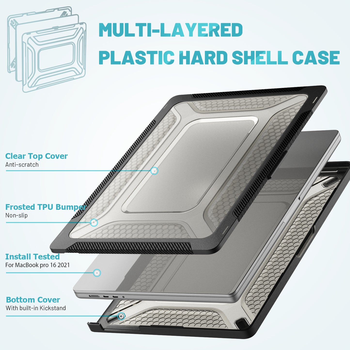 For MacBook Pro 16 inch (2021) A2485 M1 Pro / M1 Max Kickstand Shockproof Laptop Case Hard PC Soft TPU Protective Cover - Black