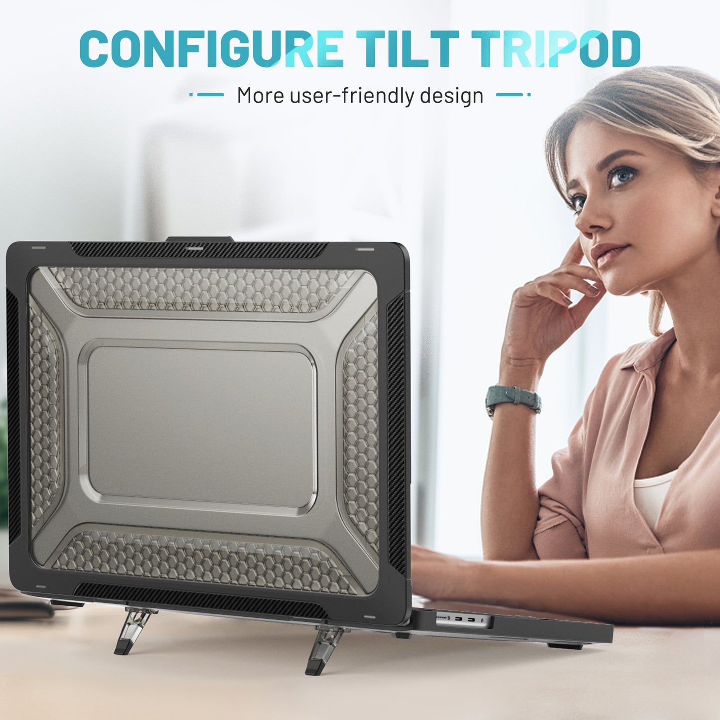 For MacBook Pro 16 inch (2021) A2485 M1 Pro / M1 Max Kickstand Shockproof Laptop Case Hard PC Soft TPU Protective Cover - Black