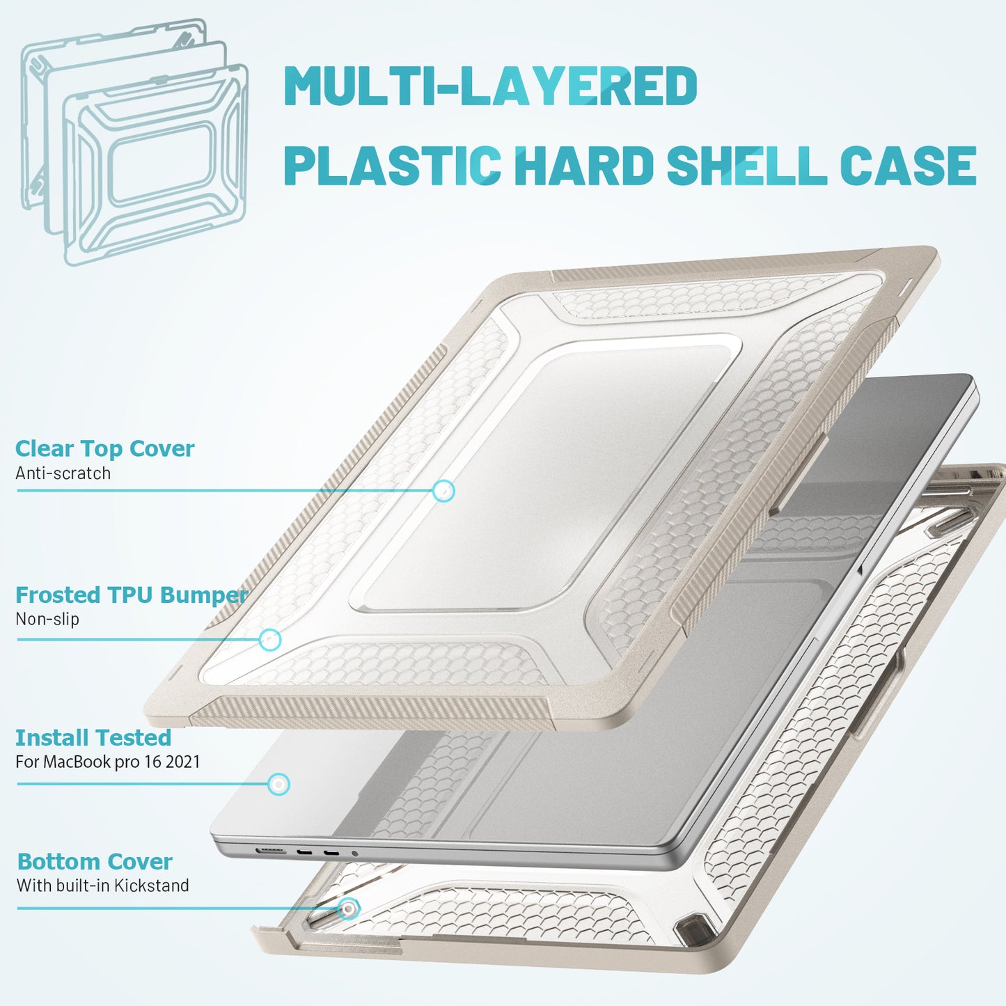 For MacBook Pro 16 inch (2021) A2485 M1 Pro / M1 Max Kickstand Shockproof Laptop Case Hard PC Soft TPU Protective Cover - Apricot