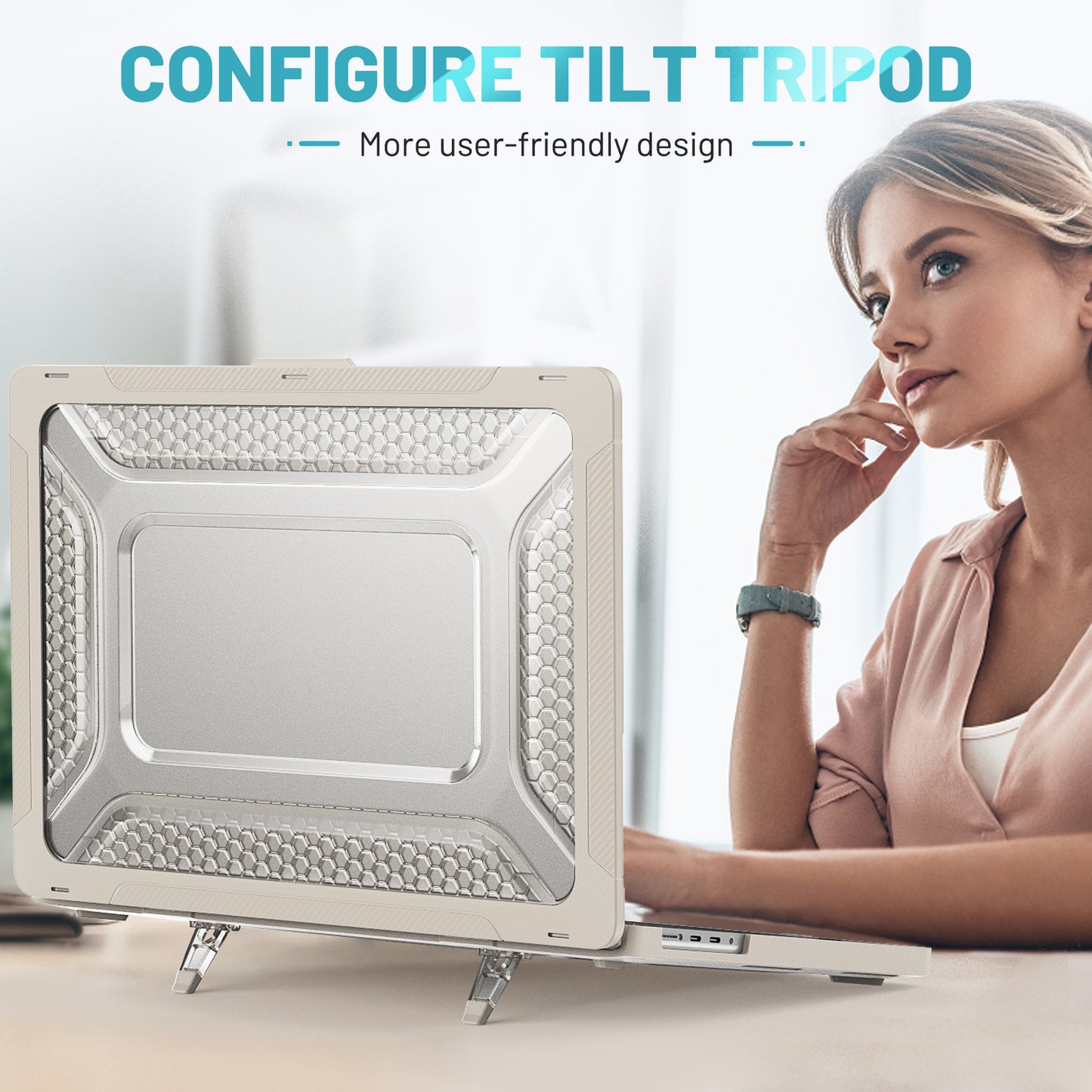 For MacBook Pro 16 inch (2021) A2485 M1 Pro / M1 Max Kickstand Shockproof Laptop Case Hard PC Soft TPU Protective Cover - Apricot