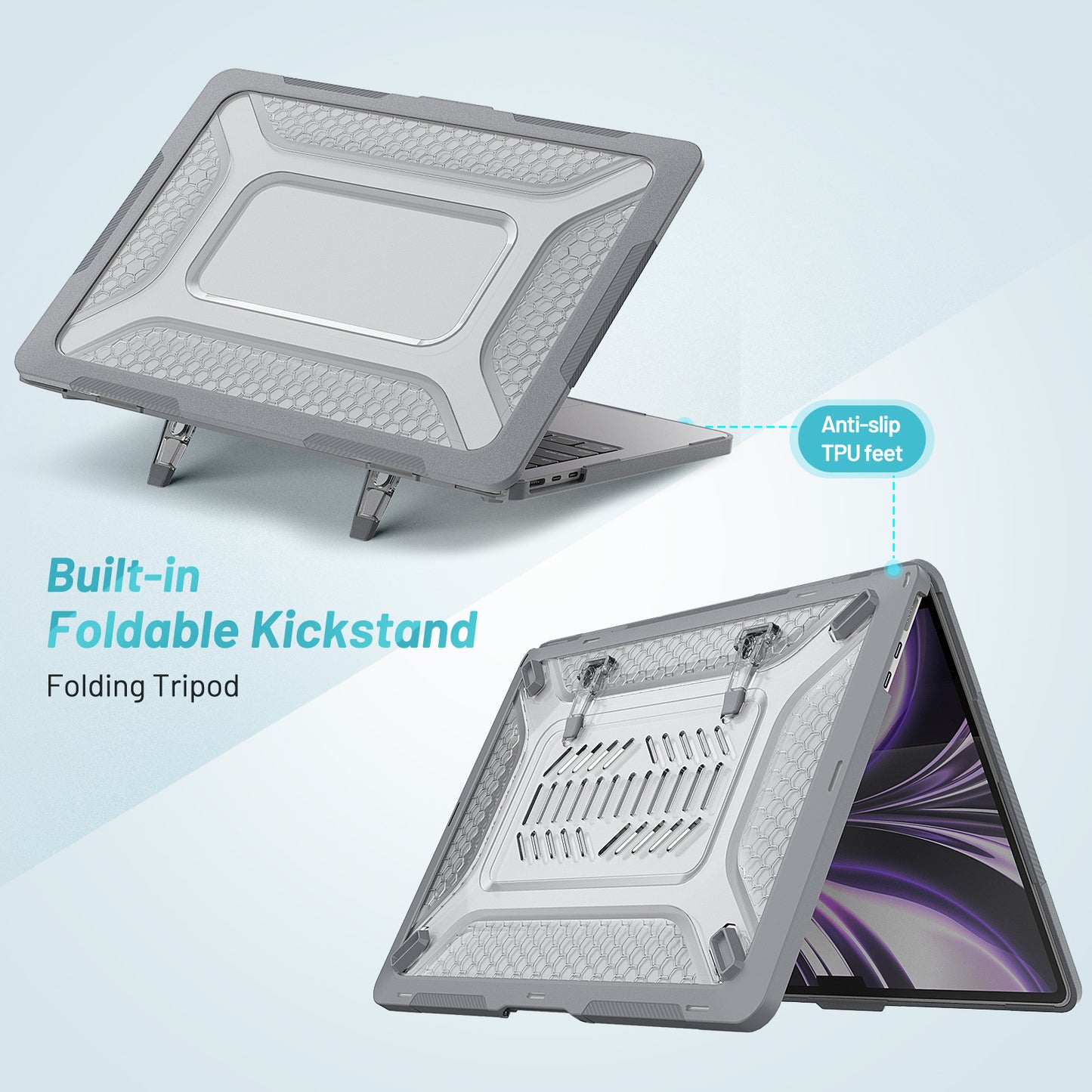 For MacBook Air 13 inch (2022) M2 A2681 Heat Dissipation Laptop Case Shockproof Hard PC Soft TPU Kickstand Cover - Grey