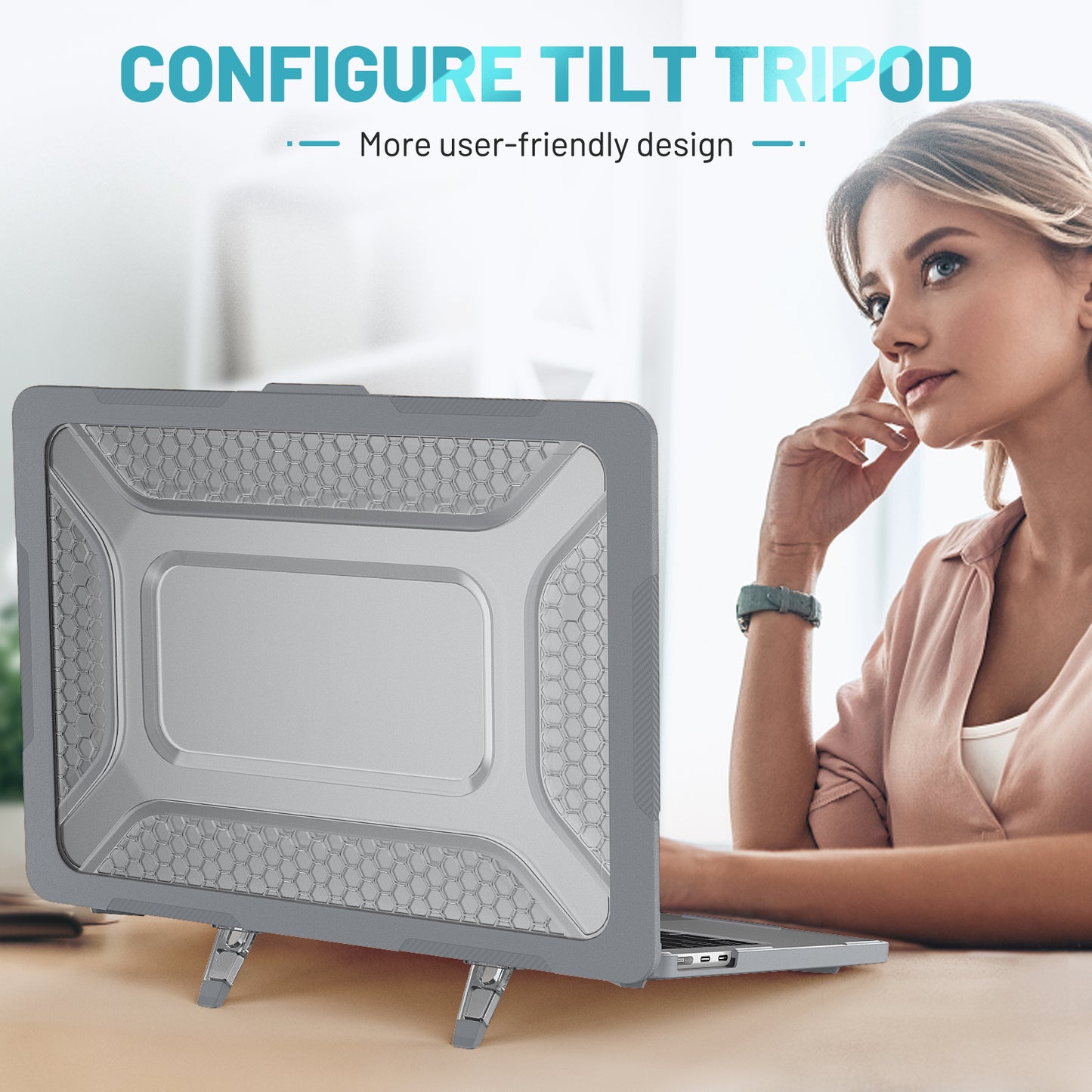 For MacBook Air 13 inch (2022) M2 A2681 Heat Dissipation Laptop Case Shockproof Hard PC Soft TPU Kickstand Cover - Grey