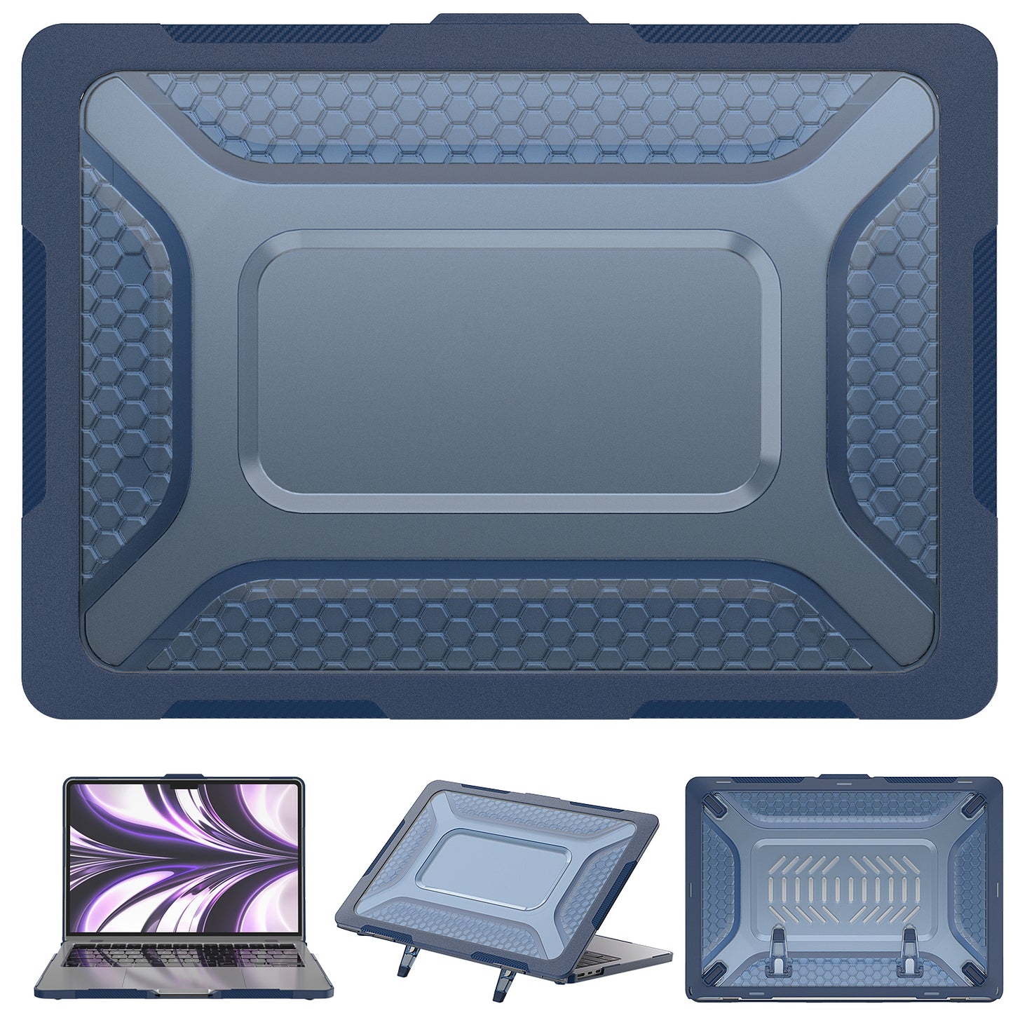 For MacBook Air 13 inch (2022) M2 A2681 Heat Dissipation Laptop Case Shockproof Hard PC Soft TPU Kickstand Cover - Sapphire