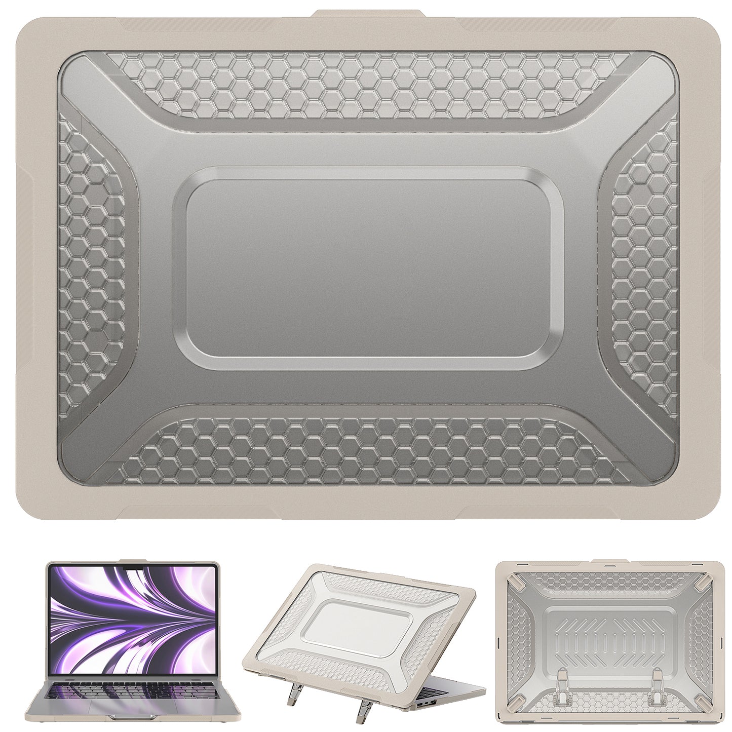 For MacBook Air 13 inch (2022) M2 A2681 Heat Dissipation Laptop Case Shockproof Hard PC Soft TPU Kickstand Cover - Apricot