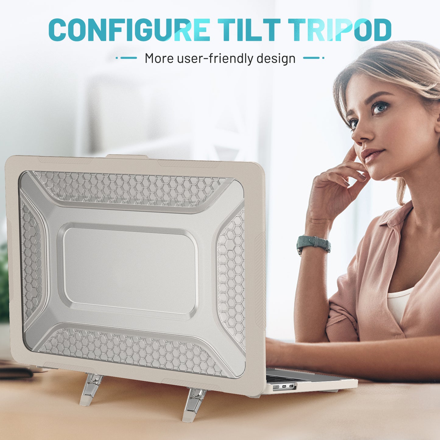 For MacBook Air 13 inch (2022) M2 A2681 Heat Dissipation Laptop Case Shockproof Hard PC Soft TPU Kickstand Cover - Apricot