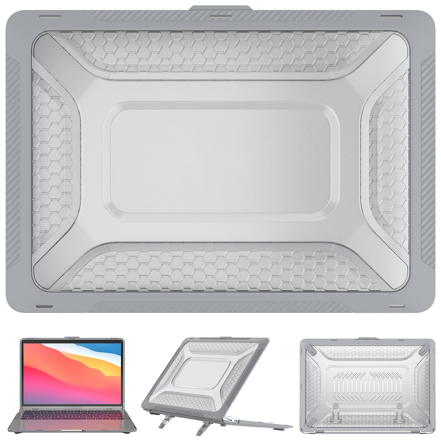For MacBook Air 13 inch (2020) M1 A2337, A2179 / MacBook Air 13 inch (2018) A1932 Laptop Case Hard PC Soft TPU Kickstand Drop Tested Cover - Grey
