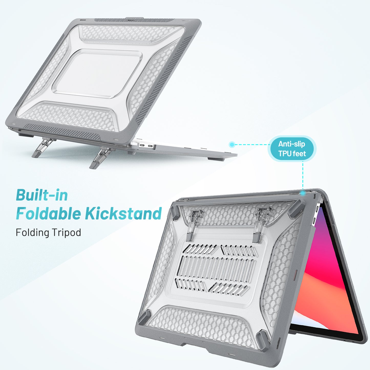 For MacBook Air 13 inch (2020) M1 A2337, A2179 / MacBook Air 13 inch (2018) A1932 Laptop Case Hard PC Soft TPU Kickstand Drop Tested Cover - Grey