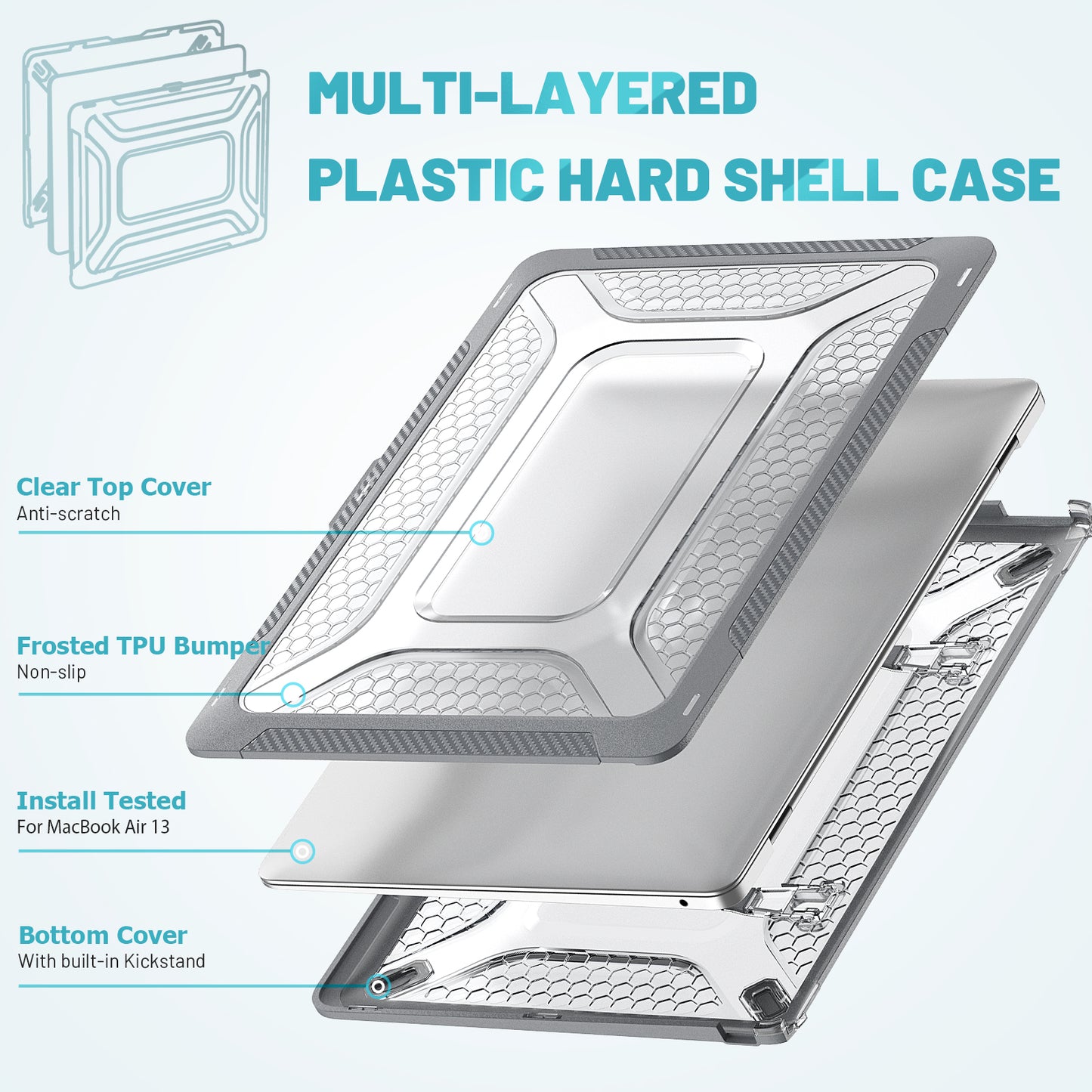For MacBook Air 13 inch (2020) M1 A2337, A2179 / MacBook Air 13 inch (2018) A1932 Laptop Case Hard PC Soft TPU Kickstand Drop Tested Cover - Grey