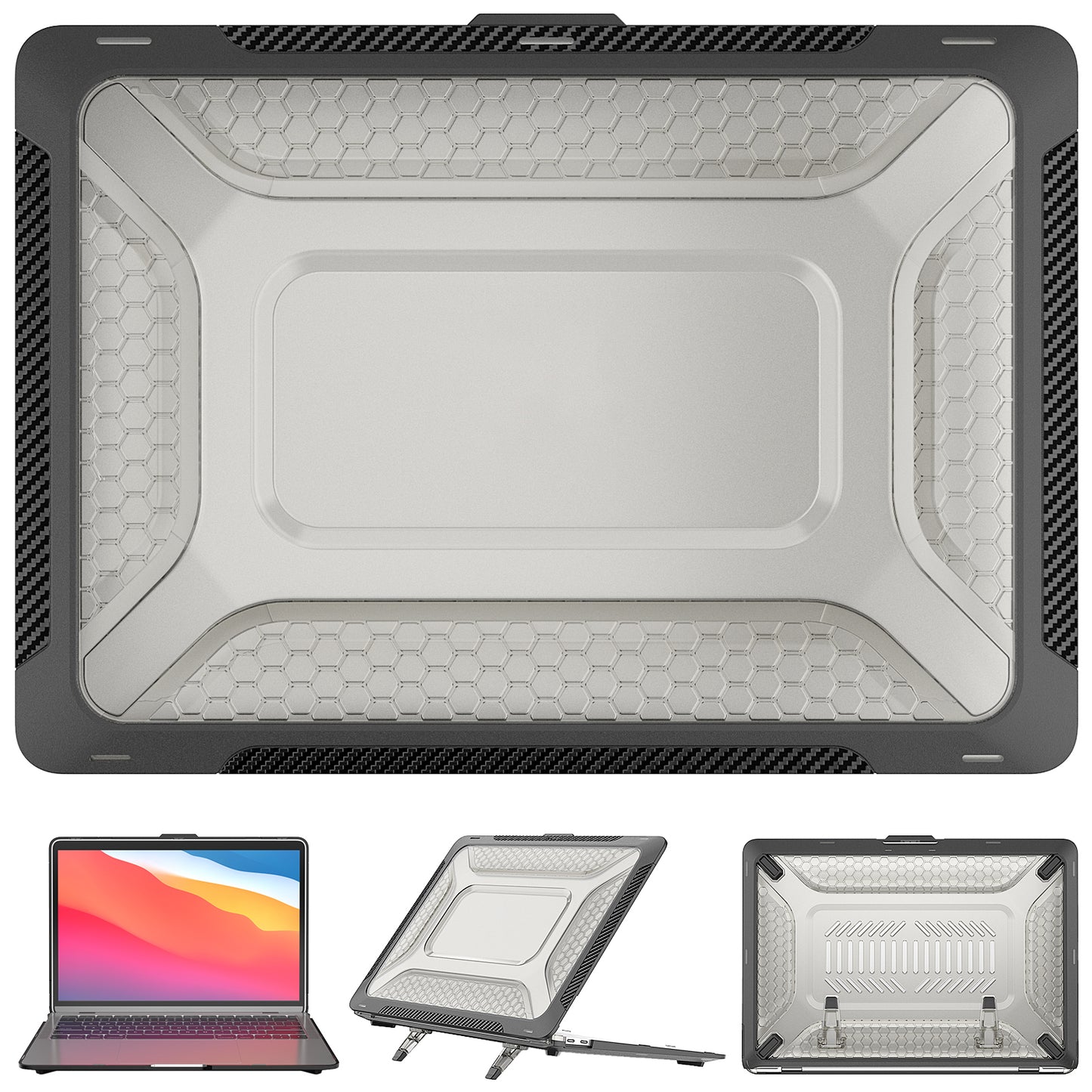 For MacBook Air 13 inch (2020) M1 A2337, A2179 / MacBook Air 13 inch (2018) A1932 Laptop Case Hard PC Soft TPU Kickstand Drop Tested Cover - Black