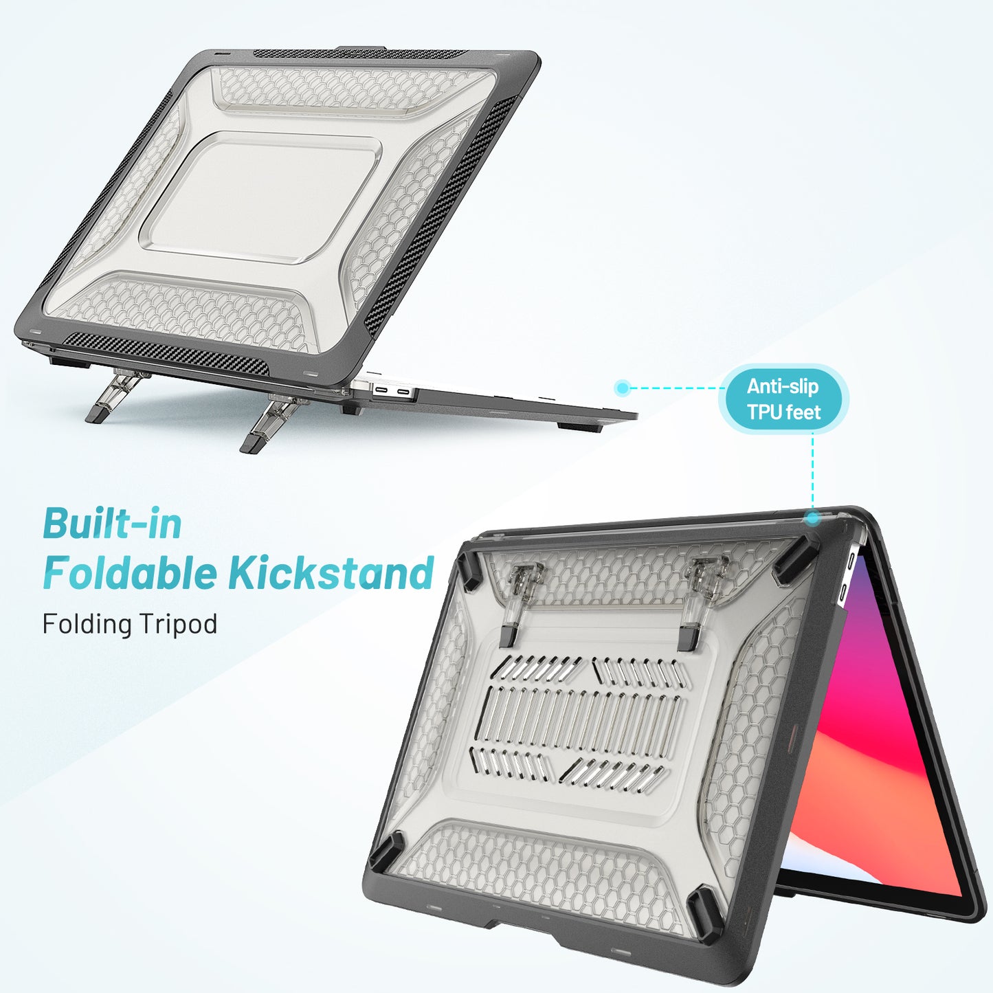 For MacBook Air 13 inch (2020) M1 A2337, A2179 / MacBook Air 13 inch (2018) A1932 Laptop Case Hard PC Soft TPU Kickstand Drop Tested Cover - Black