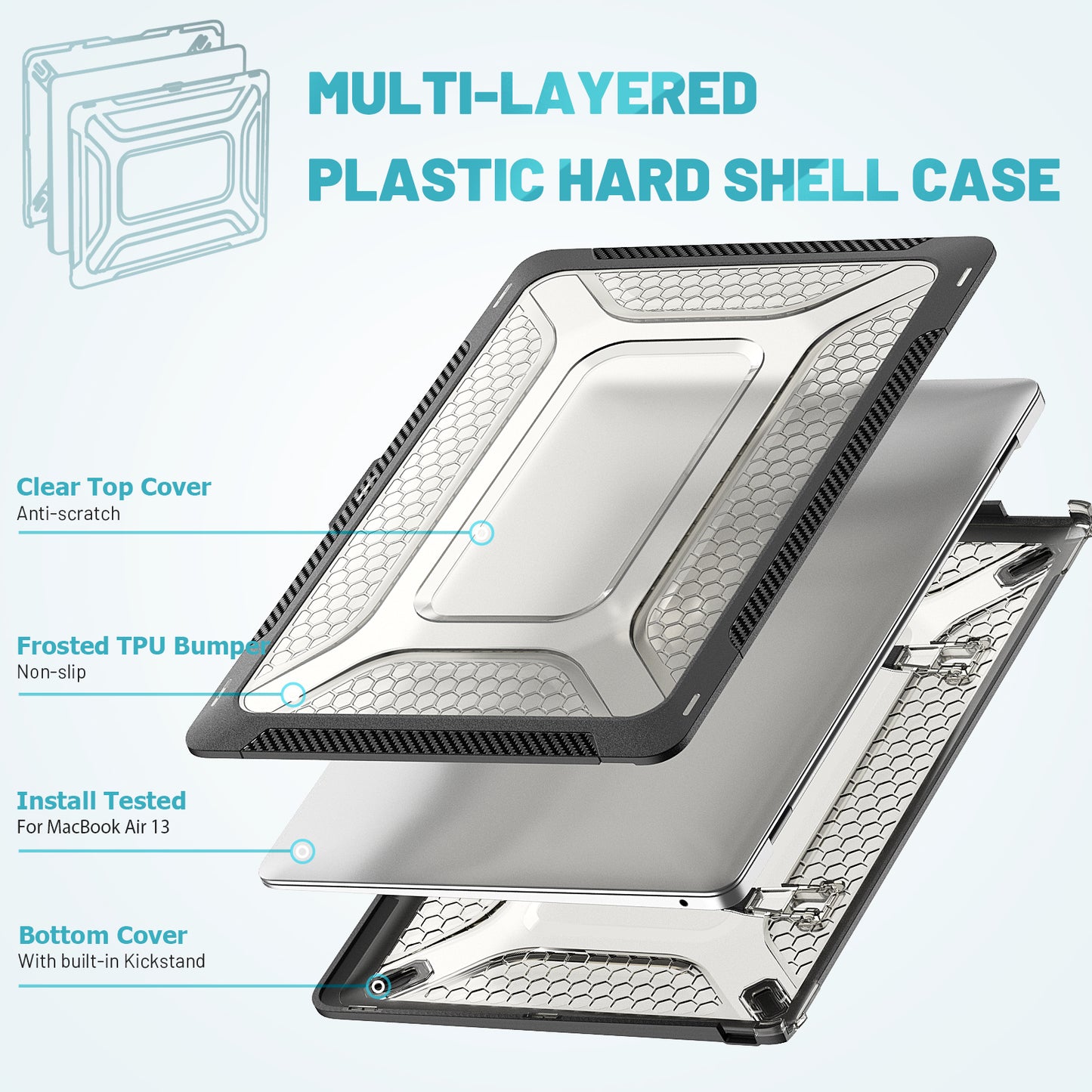 For MacBook Air 13 inch (2020) M1 A2337, A2179 / MacBook Air 13 inch (2018) A1932 Laptop Case Hard PC Soft TPU Kickstand Drop Tested Cover - Black