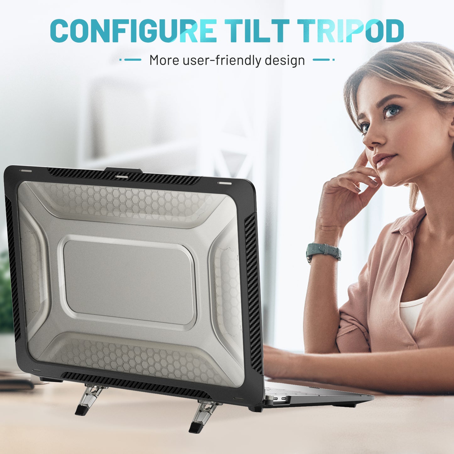 For MacBook Air 13 inch (2020) M1 A2337, A2179 / MacBook Air 13 inch (2018) A1932 Laptop Case Hard PC Soft TPU Kickstand Drop Tested Cover - Black