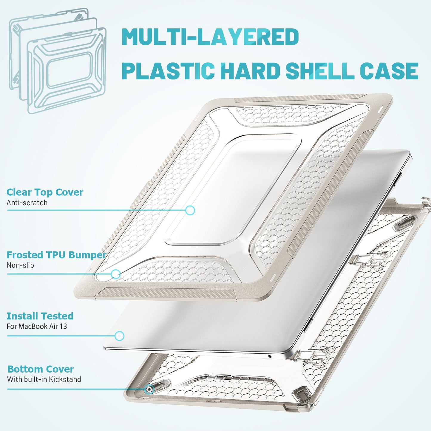 For MacBook Air 13 inch (2020) M1 A2337, A2179 / MacBook Air 13 inch (2018) A1932 Laptop Case Hard PC Soft TPU Kickstand Drop Tested Cover - Apricot