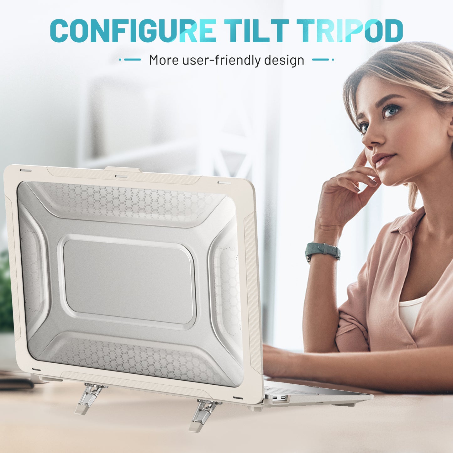 For MacBook Air 13 inch (2020) M1 A2337, A2179 / MacBook Air 13 inch (2018) A1932 Laptop Case Hard PC Soft TPU Kickstand Drop Tested Cover - Apricot