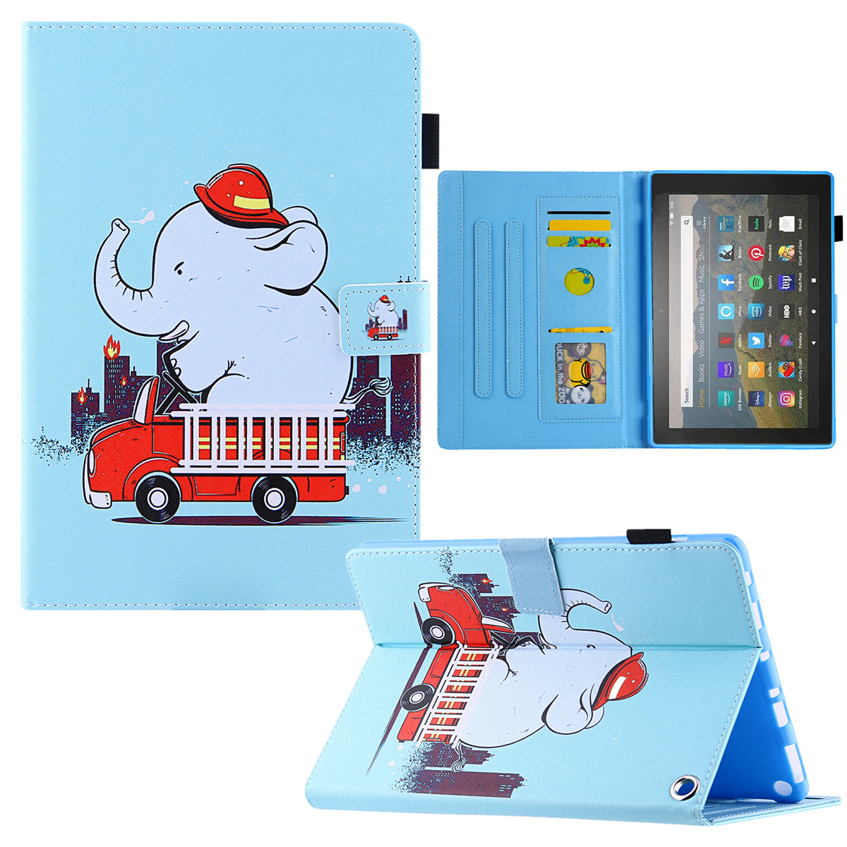 Uniqkart for Amazon Fire Max 11 Pattern Printing PU Leather Tablet Case Cross Texture Card Holder Stand Cover - Elephant