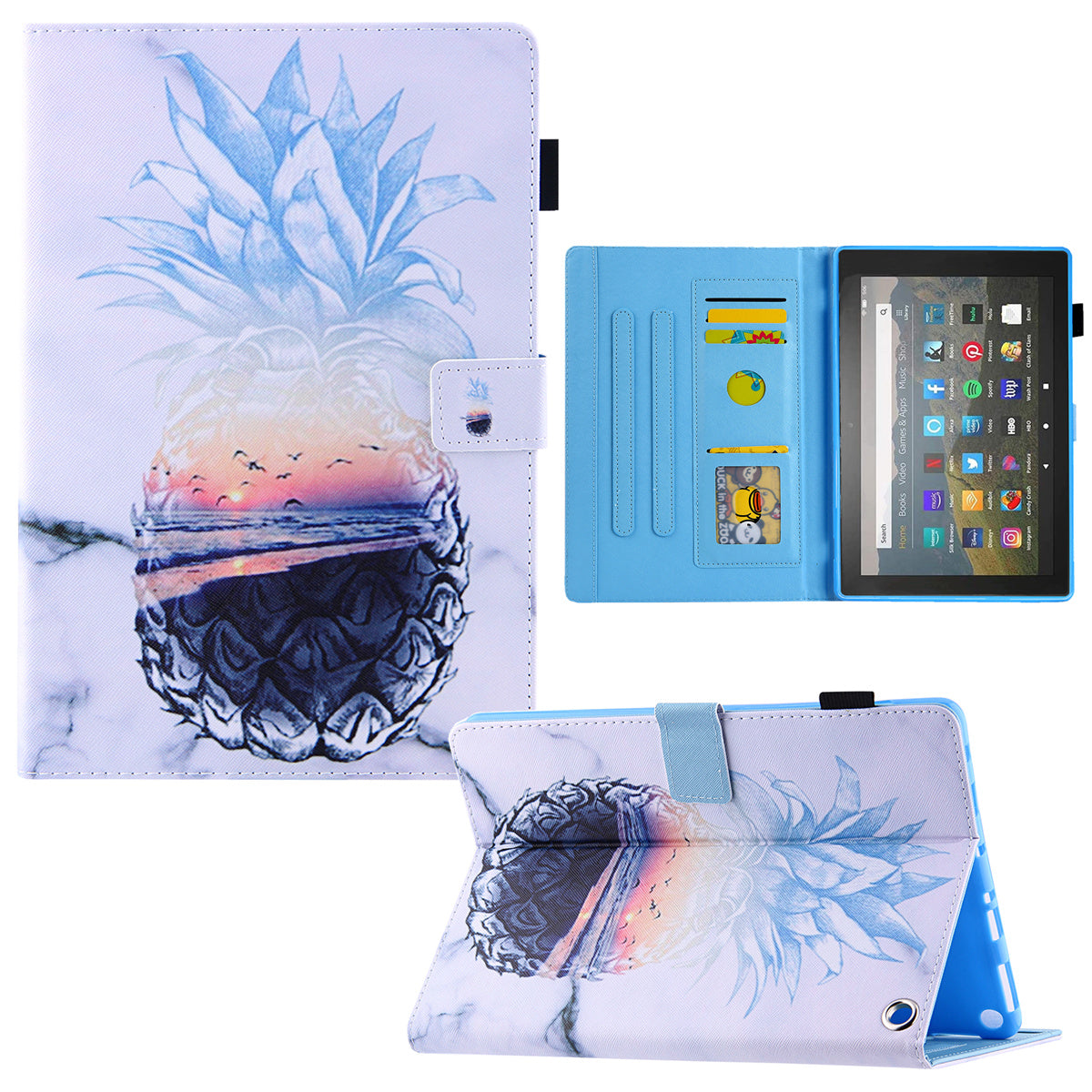 Uniqkart for Amazon Fire Max 11 Pattern Printing PU Leather Tablet Case Cross Texture Card Holder Stand Cover - Pineapple