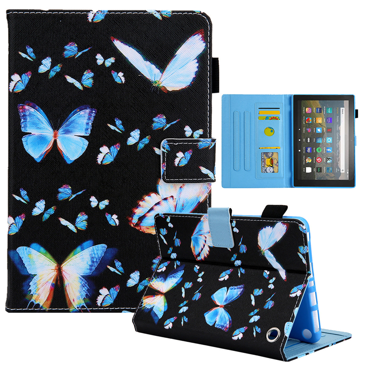 Uniqkart for Amazon Fire Max 11 Stand Tablet Leather Case Cross Texture Card Holder Pattern Printing Cover - Blue Butterflies