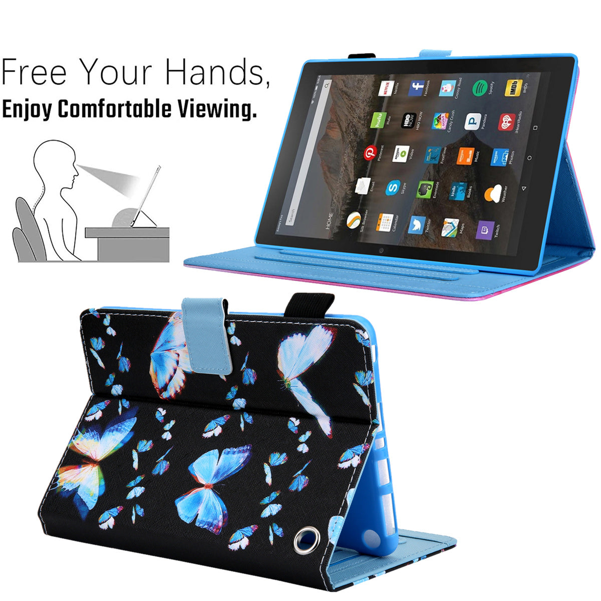 Uniqkart for Amazon Fire Max 11 Stand Tablet Leather Case Cross Texture Card Holder Pattern Printing Cover - Blue Butterflies