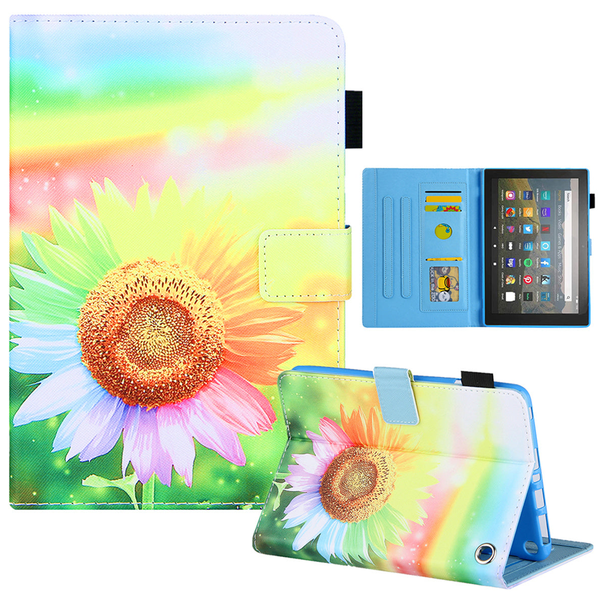 Uniqkart for Amazon Fire Max 11 Stand Tablet Leather Case Cross Texture Card Holder Pattern Printing Cover - Sunflower