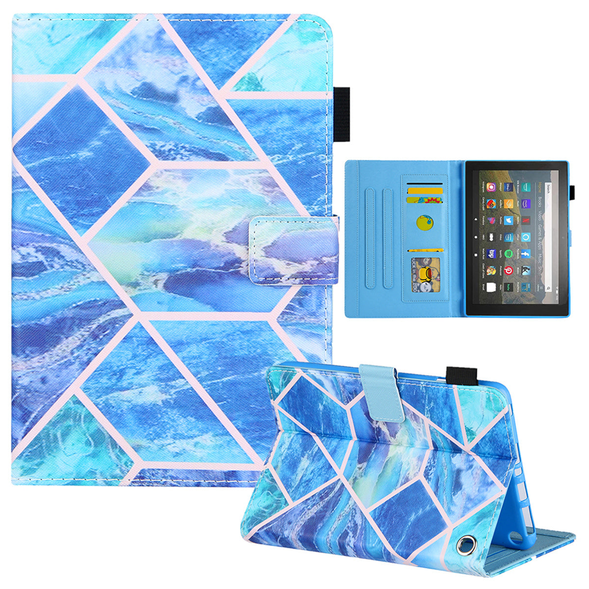 Uniqkart for Amazon Fire Max 11 Stand Tablet Leather Case Cross Texture Card Holder Pattern Printing Cover - Blue Splicing