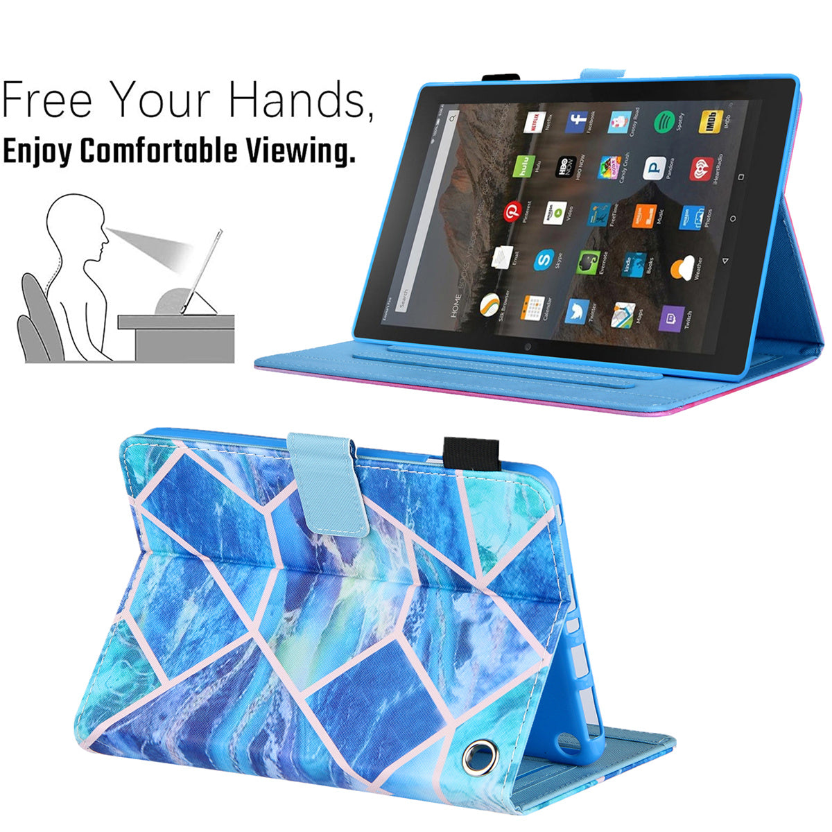 Uniqkart for Amazon Fire Max 11 Stand Tablet Leather Case Cross Texture Card Holder Pattern Printing Cover - Blue Splicing