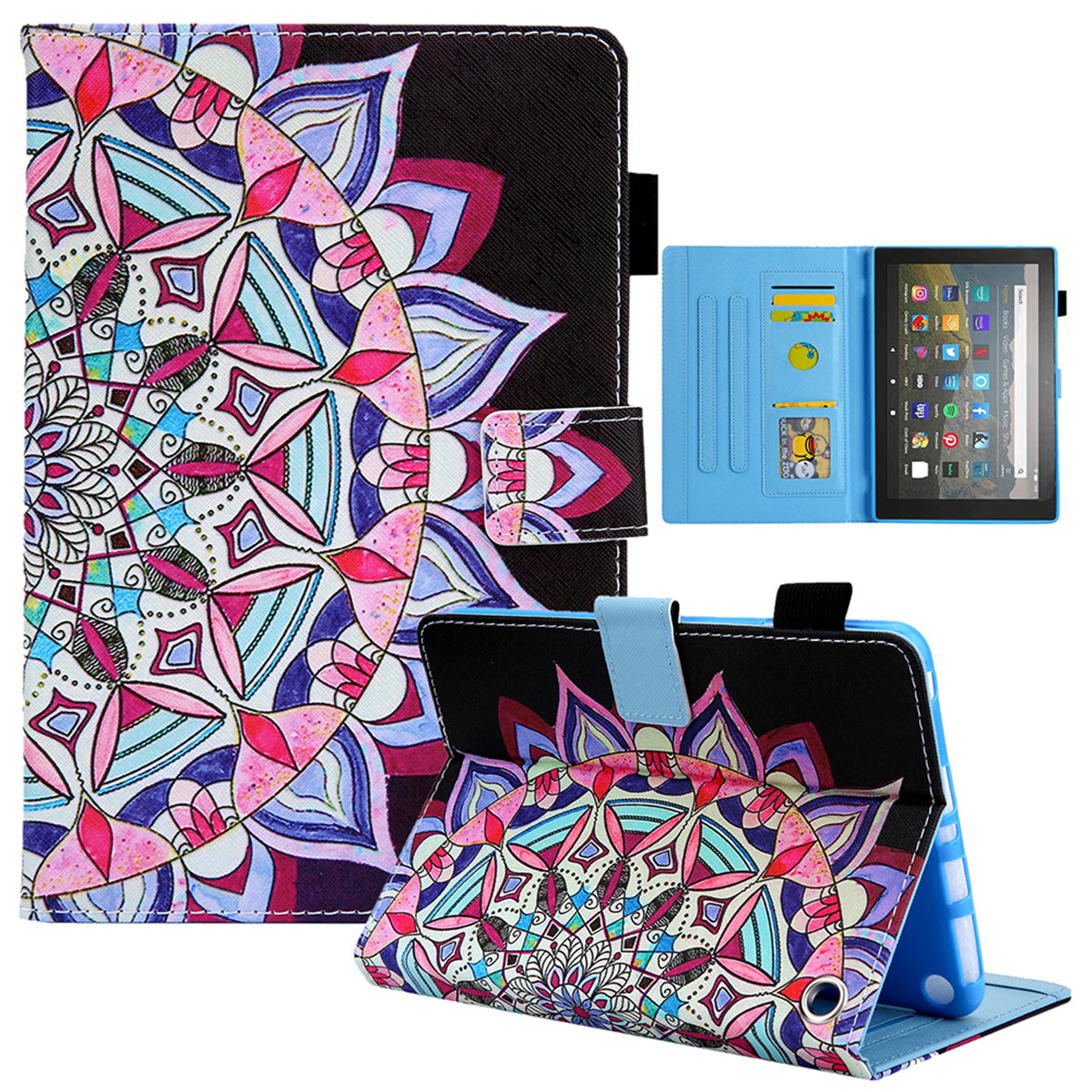 Uniqkart for Amazon Fire Max 11 Stand Tablet Leather Case Cross Texture Card Holder Pattern Printing Cover - Mandala Flower