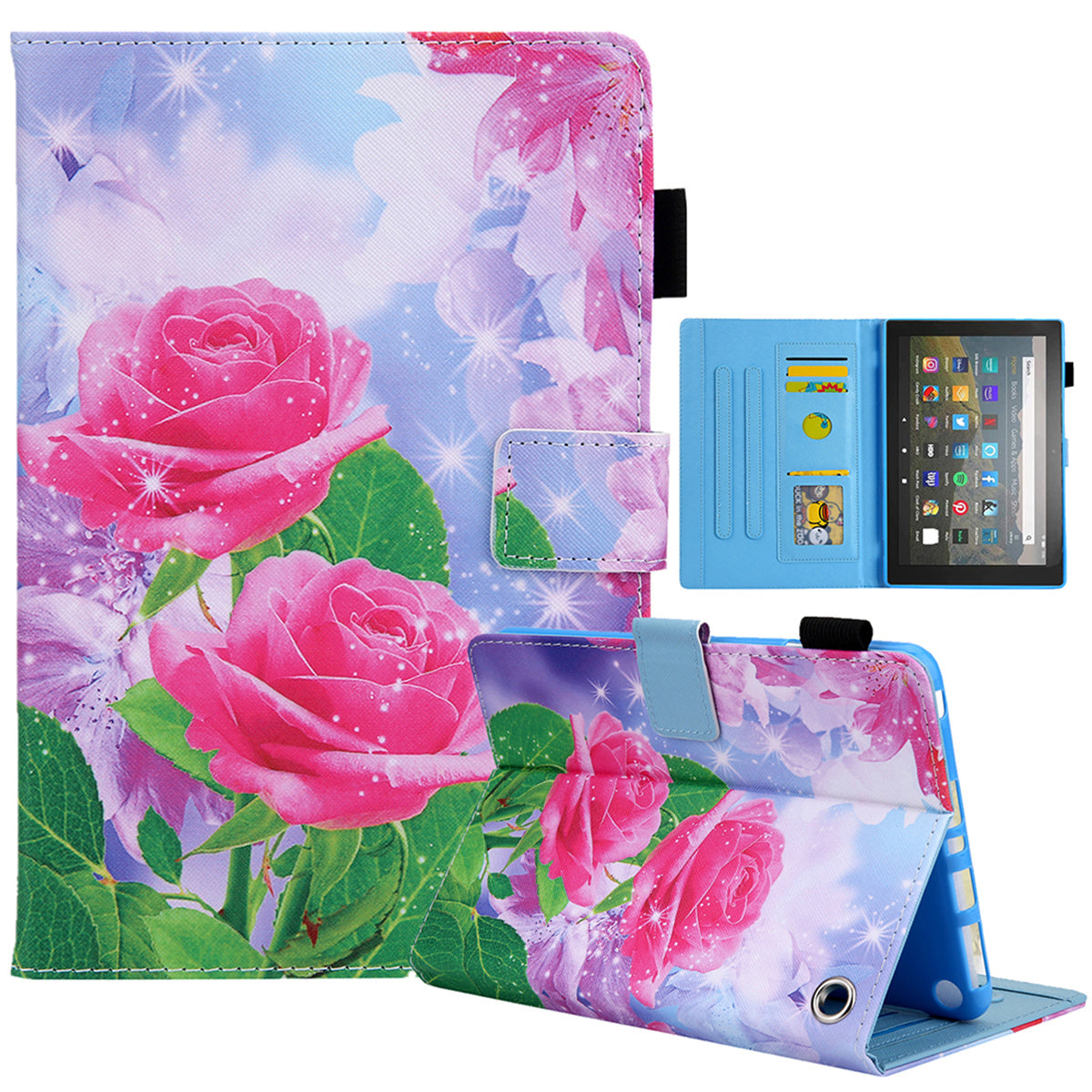 Uniqkart for Amazon Fire Max 11 Stand Tablet Leather Case Cross Texture Card Holder Pattern Printing Cover - Red Rose