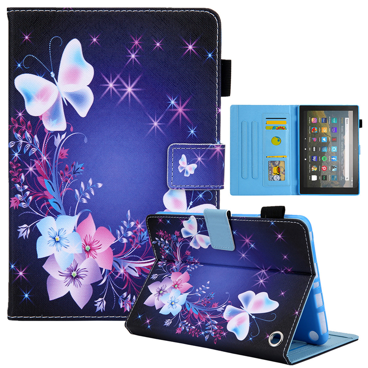 Uniqkart for Amazon Fire Max 11 Stand Tablet Leather Case Cross Texture Card Holder Pattern Printing Cover - Sparkling Butterfly