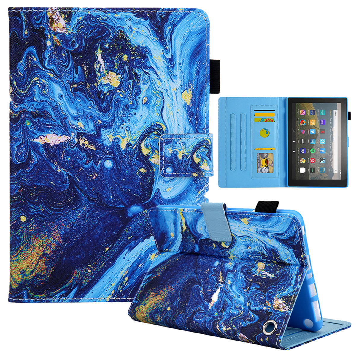 Uniqkart for Amazon Fire Max 11 Stand Tablet Leather Case Cross Texture Card Holder Pattern Printing Cover - Blue Gold Wave