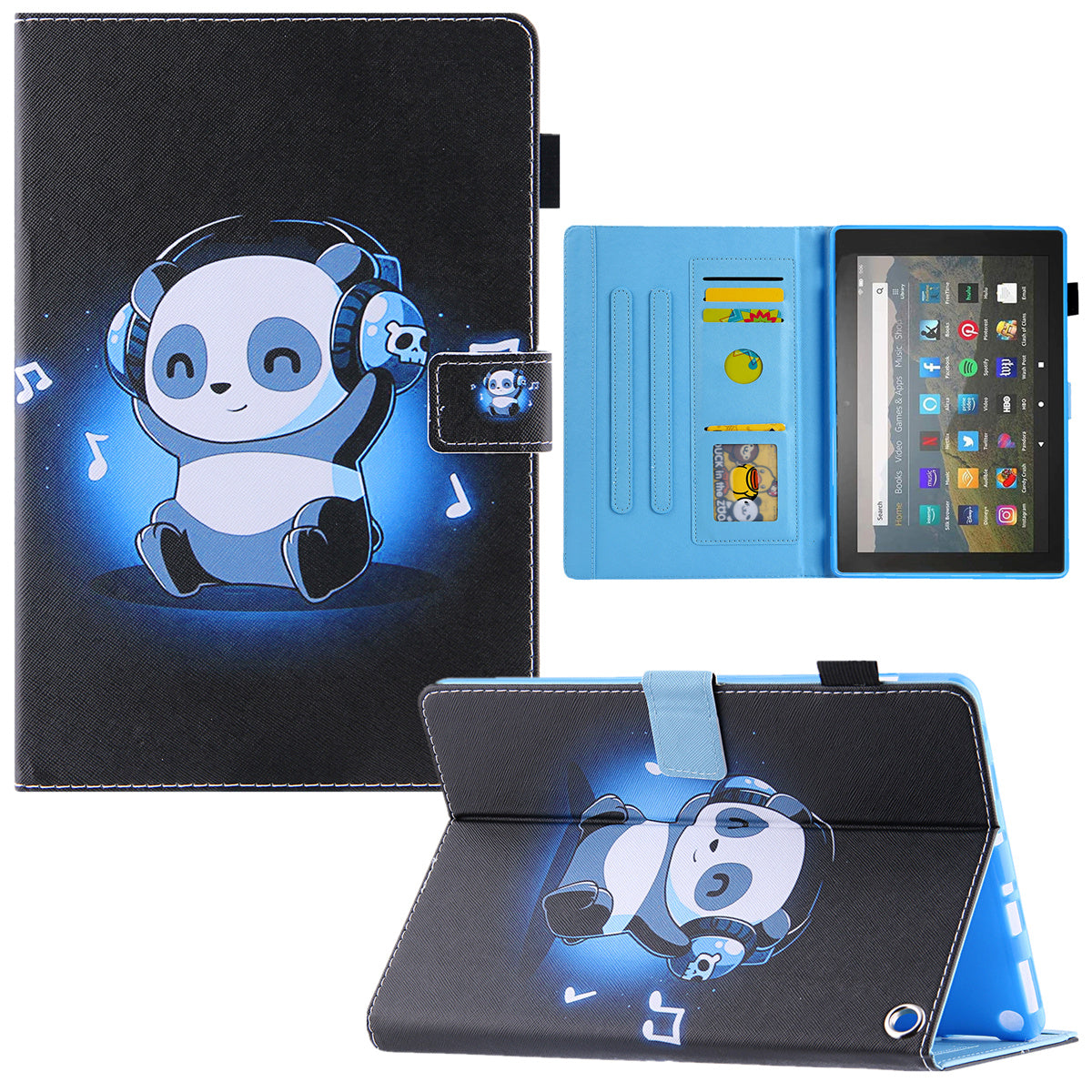 Uniqkart for Amazon Fire Max 11 Shockproof Case Pattern Printing Tablet Case Card Slot PU Leather Cover with Stand - Music Panda