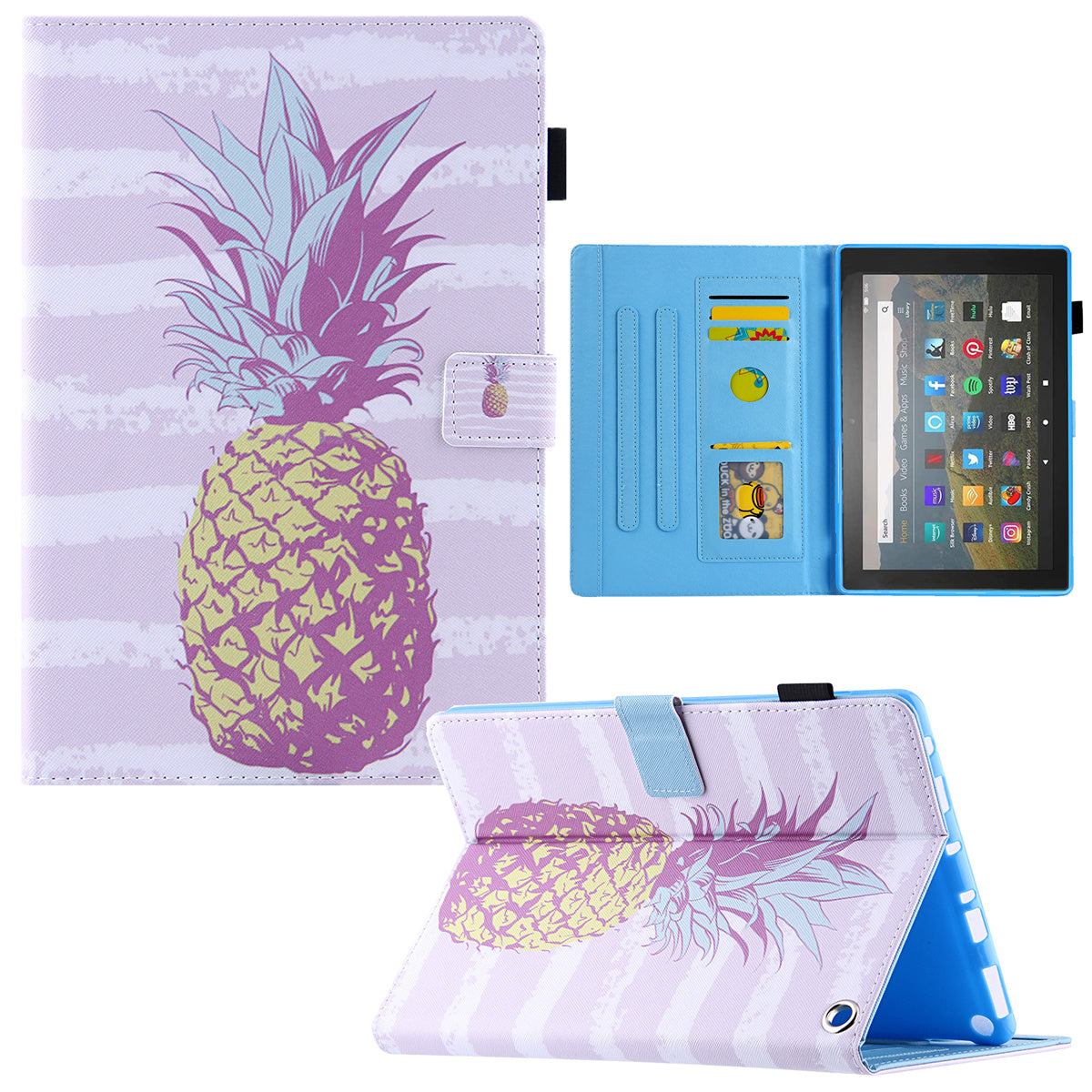Uniqkart for Amazon Fire Max 11 Shockproof Case Pattern Printing Tablet Case Card Slot PU Leather Cover with Stand - Golden Pineapple