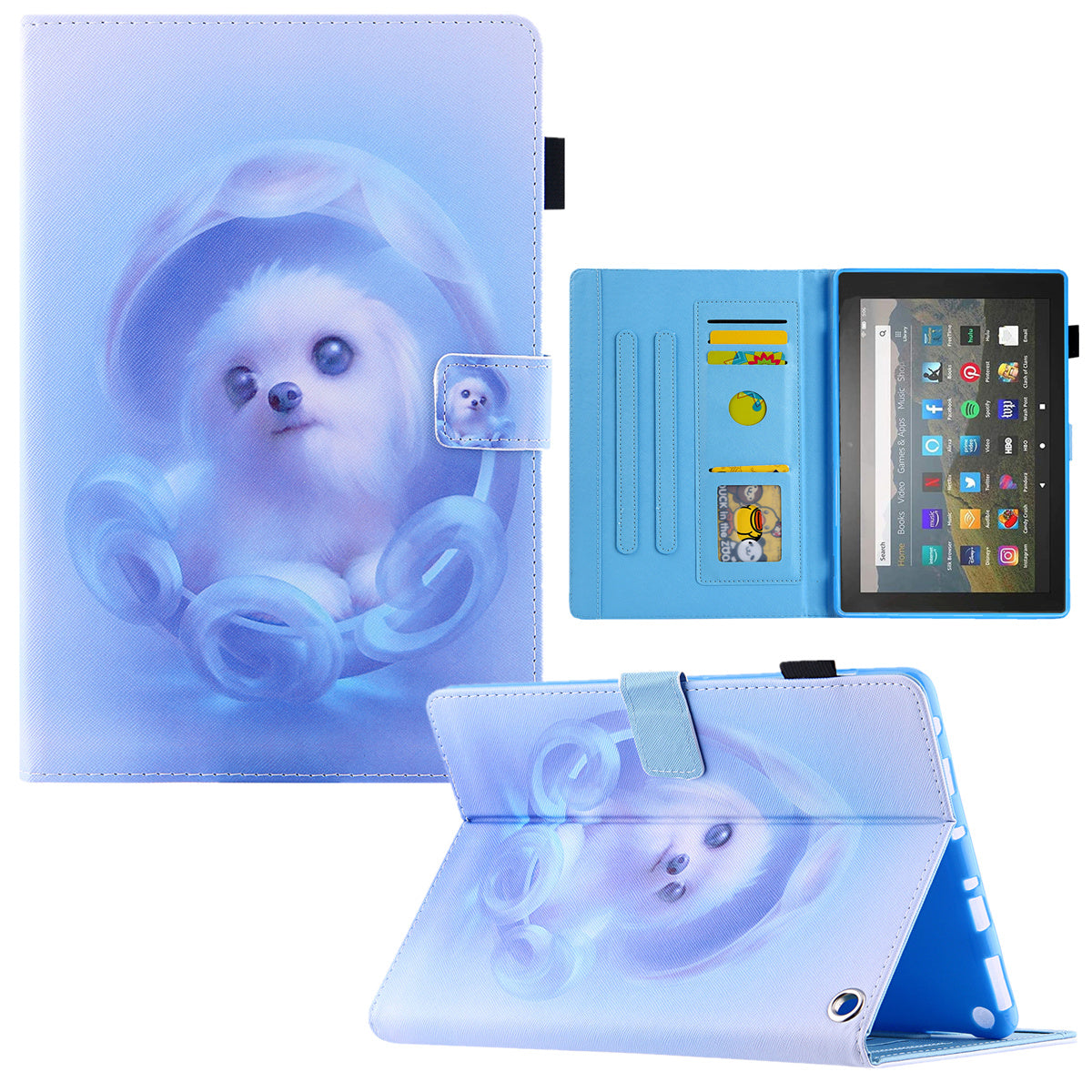Uniqkart for Amazon Fire Max 11 Shockproof Case Pattern Printing Tablet Case Card Slot PU Leather Cover with Stand - Blue Dog
