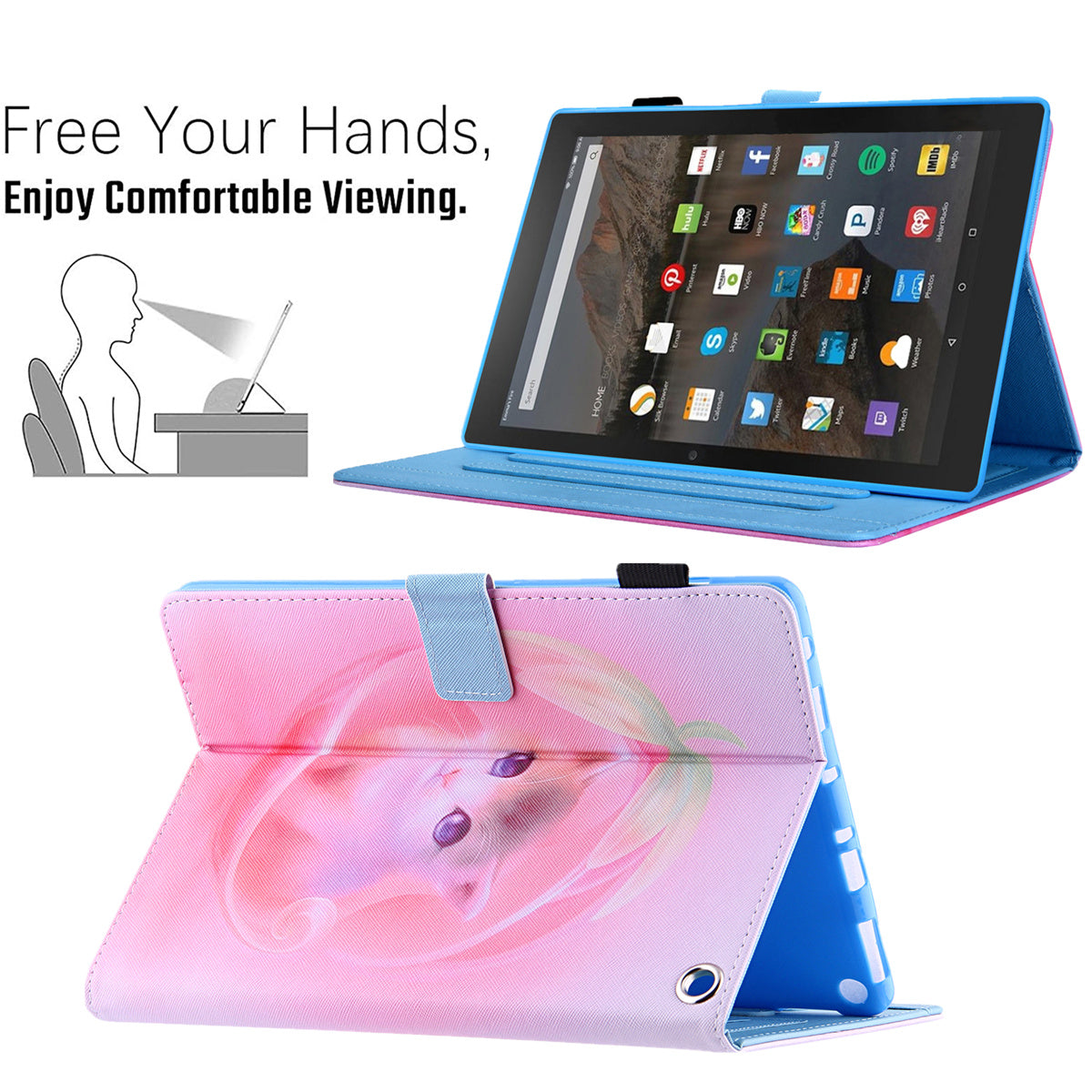 Uniqkart for Amazon Fire Max 11 Shockproof Case Pattern Printing Tablet Case Card Slot PU Leather Cover with Stand - Pink Cat