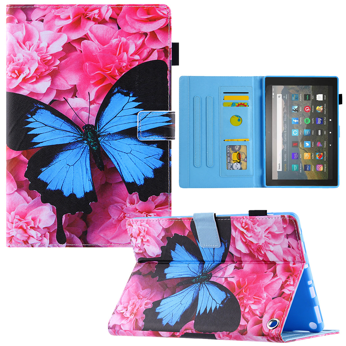 Uniqkart for Amazon Fire Max 11 Shockproof Case Pattern Printing Tablet Case Card Slot PU Leather Cover with Stand - Red Flower / Blue Butterfly