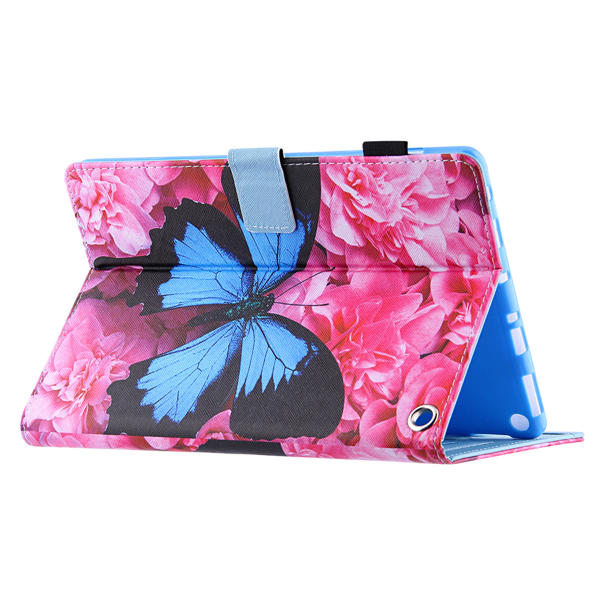 Uniqkart for Amazon Fire Max 11 Shockproof Case Pattern Printing Tablet Case Card Slot PU Leather Cover with Stand - Red Flower / Blue Butterfly