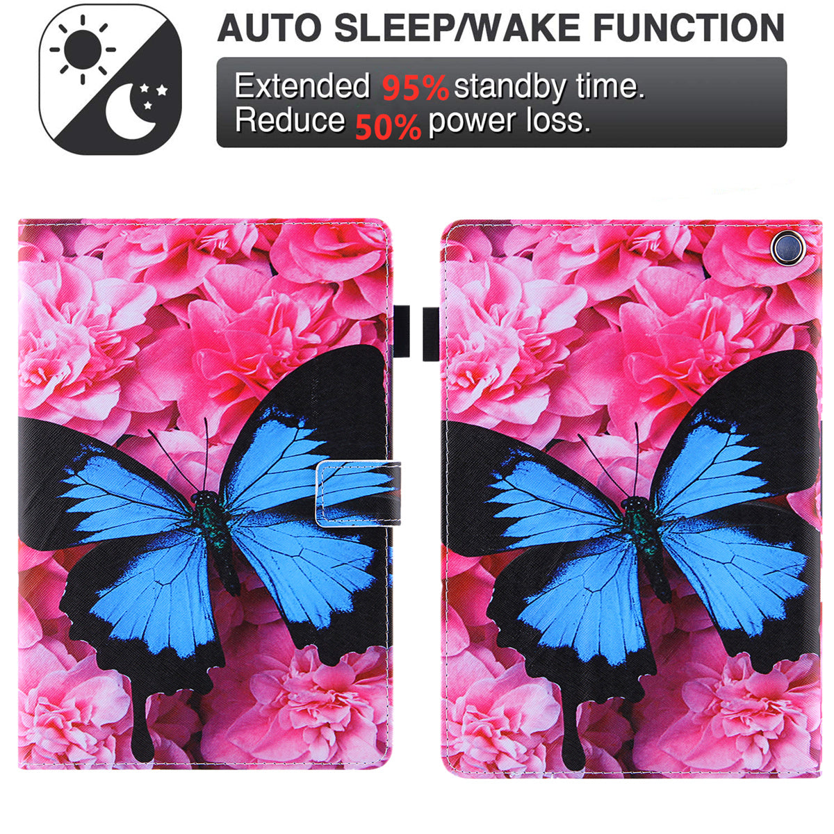 Uniqkart for Amazon Fire Max 11 Shockproof Case Pattern Printing Tablet Case Card Slot PU Leather Cover with Stand - Red Flower / Blue Butterfly