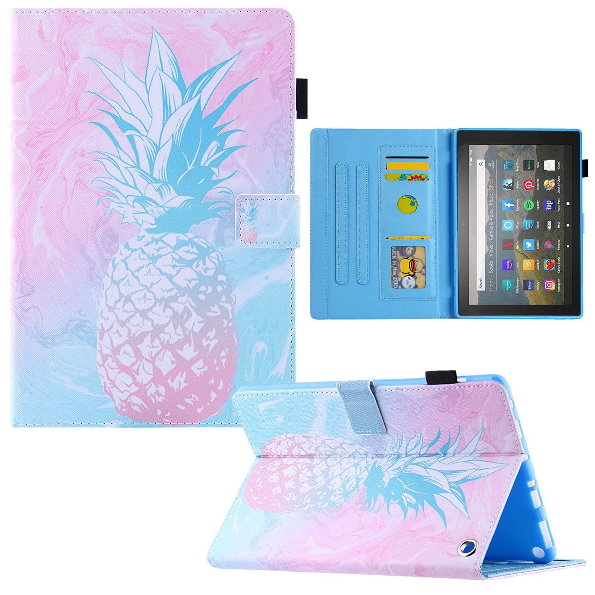 Uniqkart for Amazon Fire Max 11 Shockproof Case Pattern Printing Tablet Case Card Slot PU Leather Cover with Stand - Blue Pink Pineapple