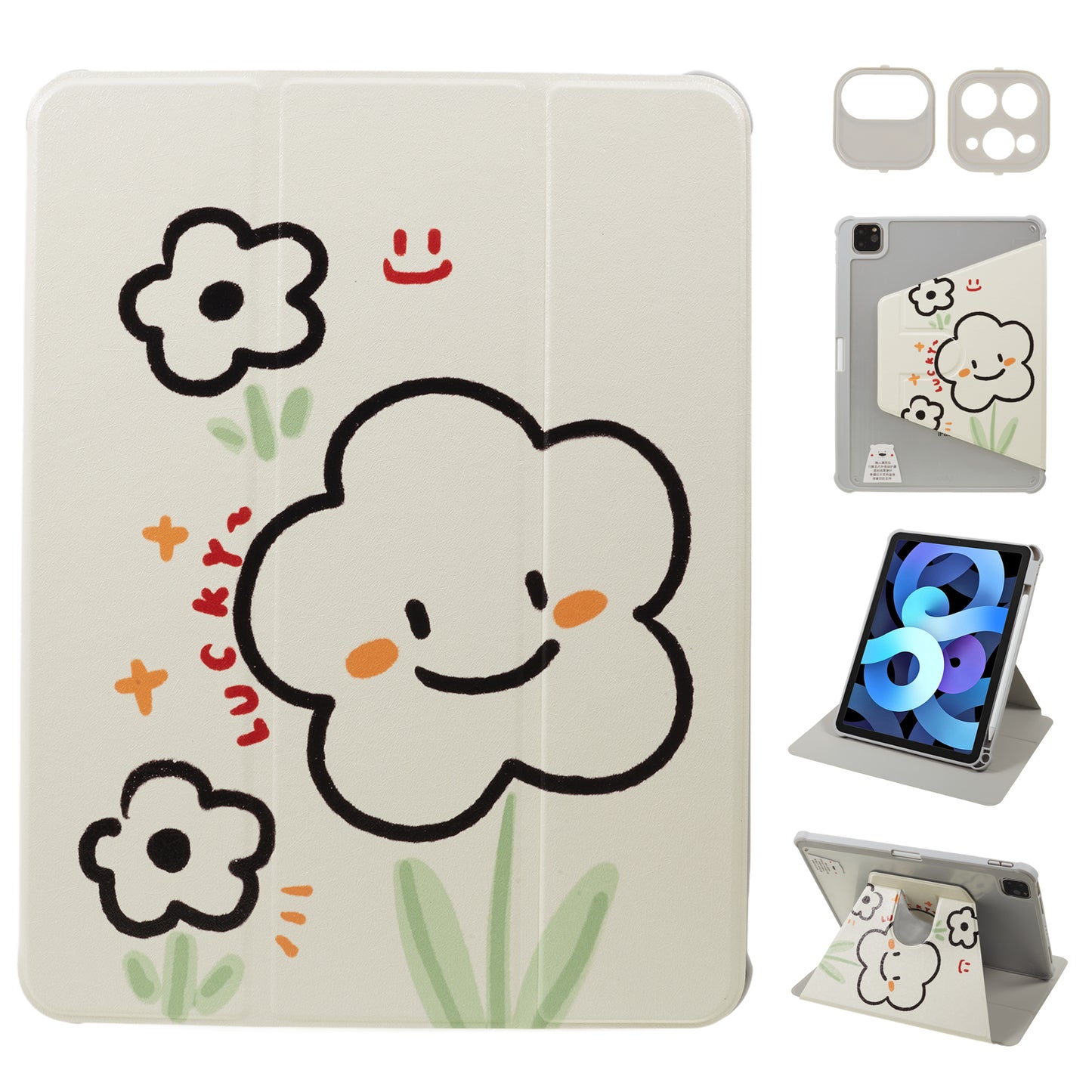for iPad Air (2020) / (2022) / iPad Pro 11-inch (2018) / (2020) / (2021) / (2022) Tablet Case Printed PU Leather Cover with Pencil Holder - Smile Flower