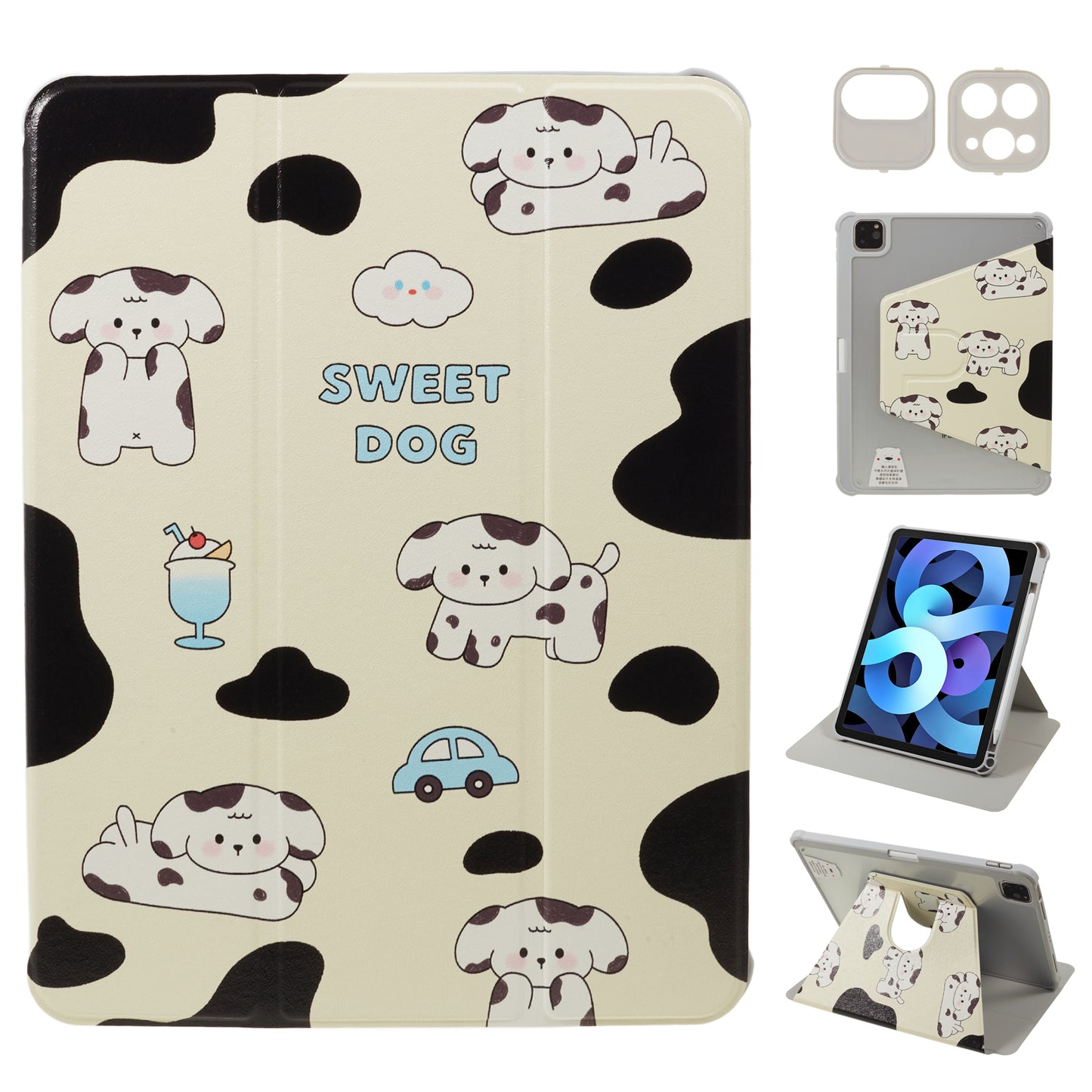 for iPad Air (2020) / (2022) / iPad Pro 11-inch (2018) / (2020) / (2021) / (2022) Tablet Case Printed PU Leather Cover with Pencil Holder - Black / White Dog