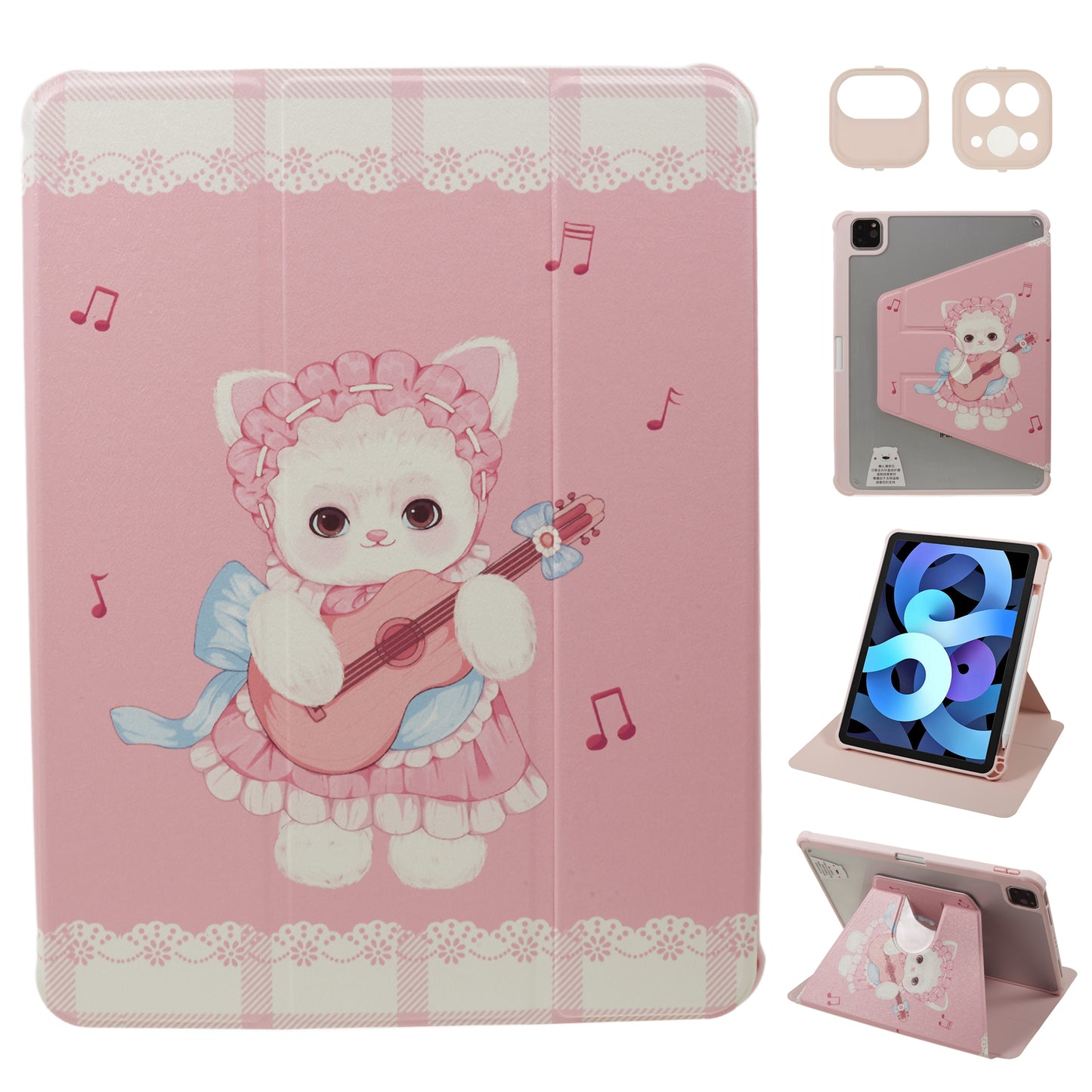 for iPad Air (2020) / (2022) / iPad Pro 11-inch (2018) / (2020) / (2021) / (2022) Tablet Case Printed PU Leather Cover with Pencil Holder - Guitar Cat